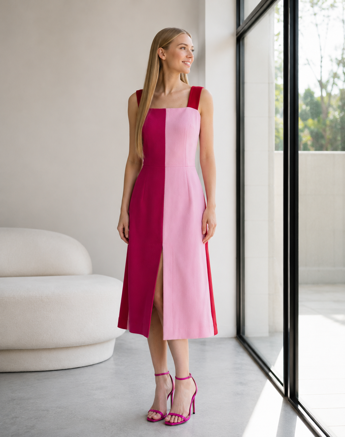 Dolce & Gabbana Zweifarbiges ärmelloses Midikleid aus rosa Wolle