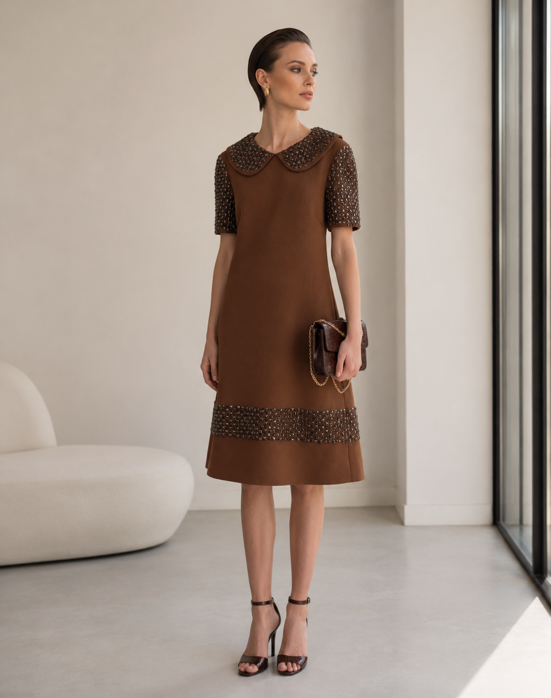Dolce & Gabbana Brown Wool Rhinestone Embellished Midi Dress