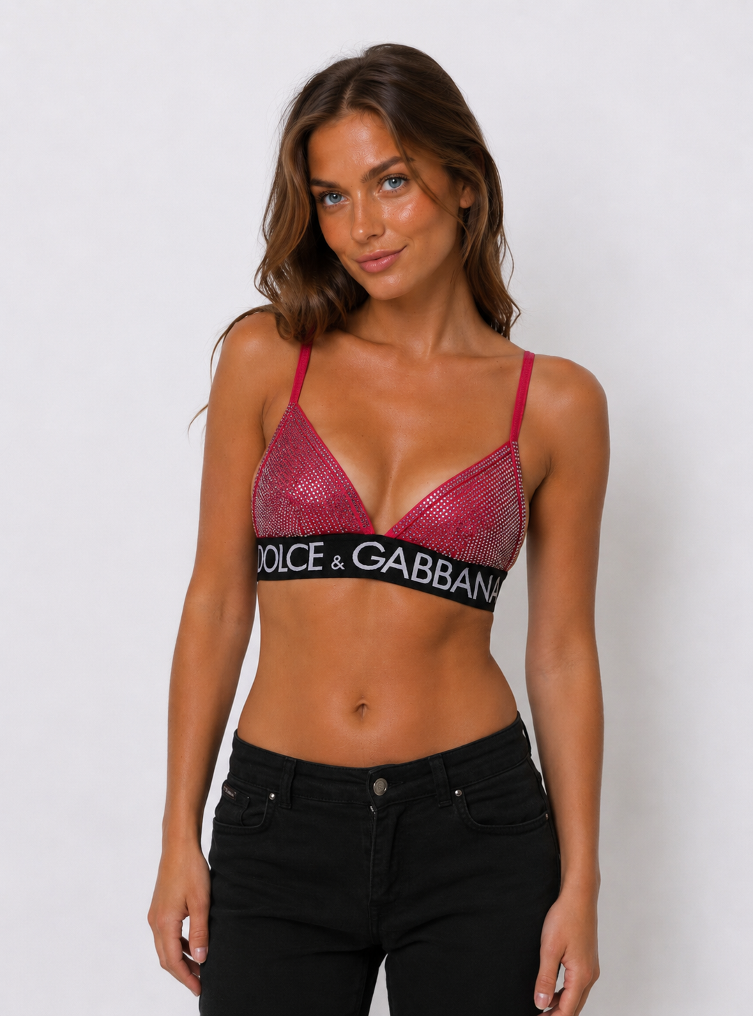 Dolce & Gabbana Pink Crystal Embellished Bralette Crop Top