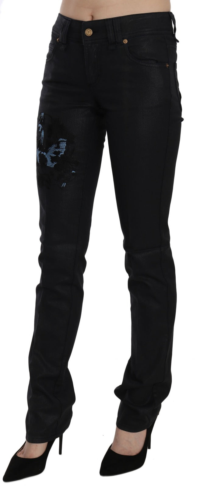 John Galliano Black Swan Blumenbestickte Mid-Waist Skinny Jeans