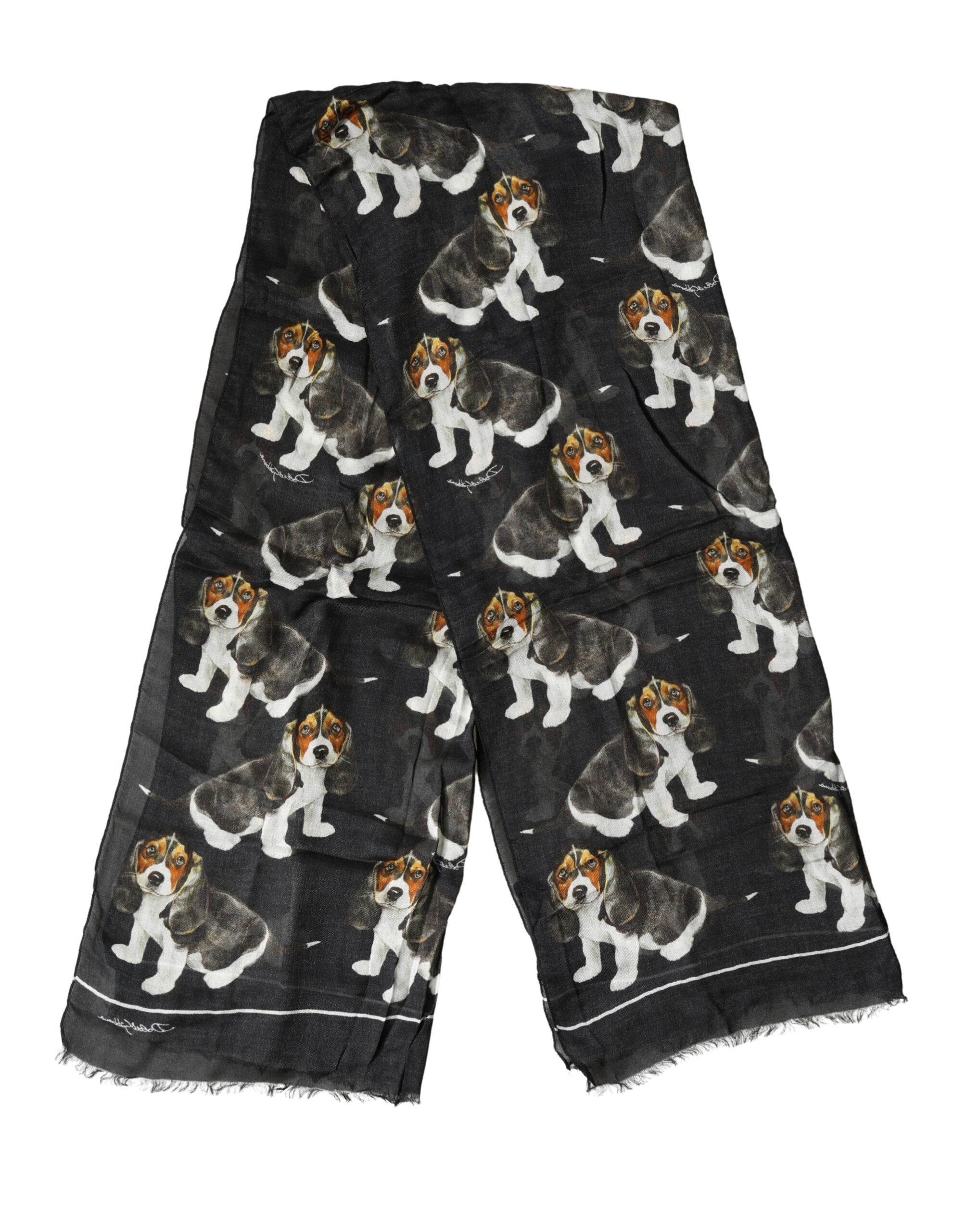 Dolce & Gabbana Black Dog Print Modal Wool Wrap Foulard 178cm X 63cm Scarf