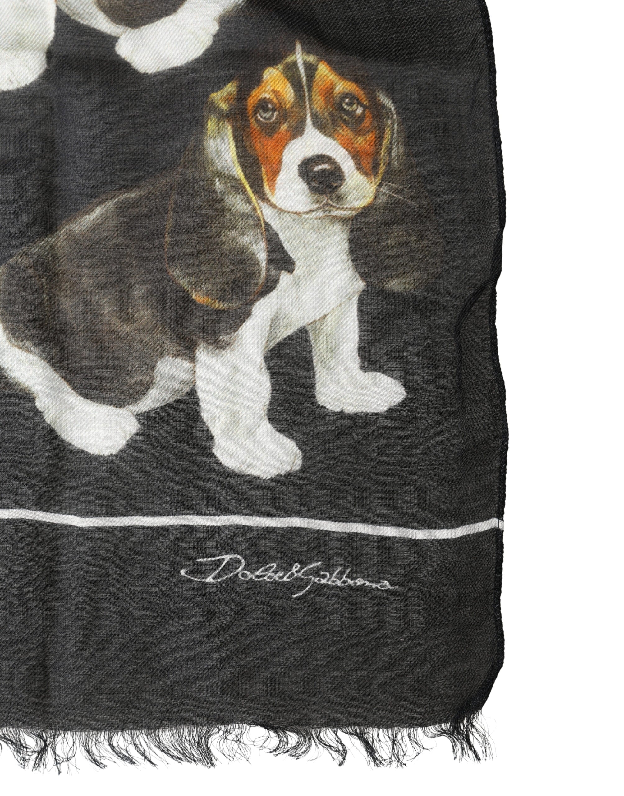 Dolce & Gabbana Schwarzer Schal mit Hunde-Print aus Modal-Wolle, 178cm x 63cm