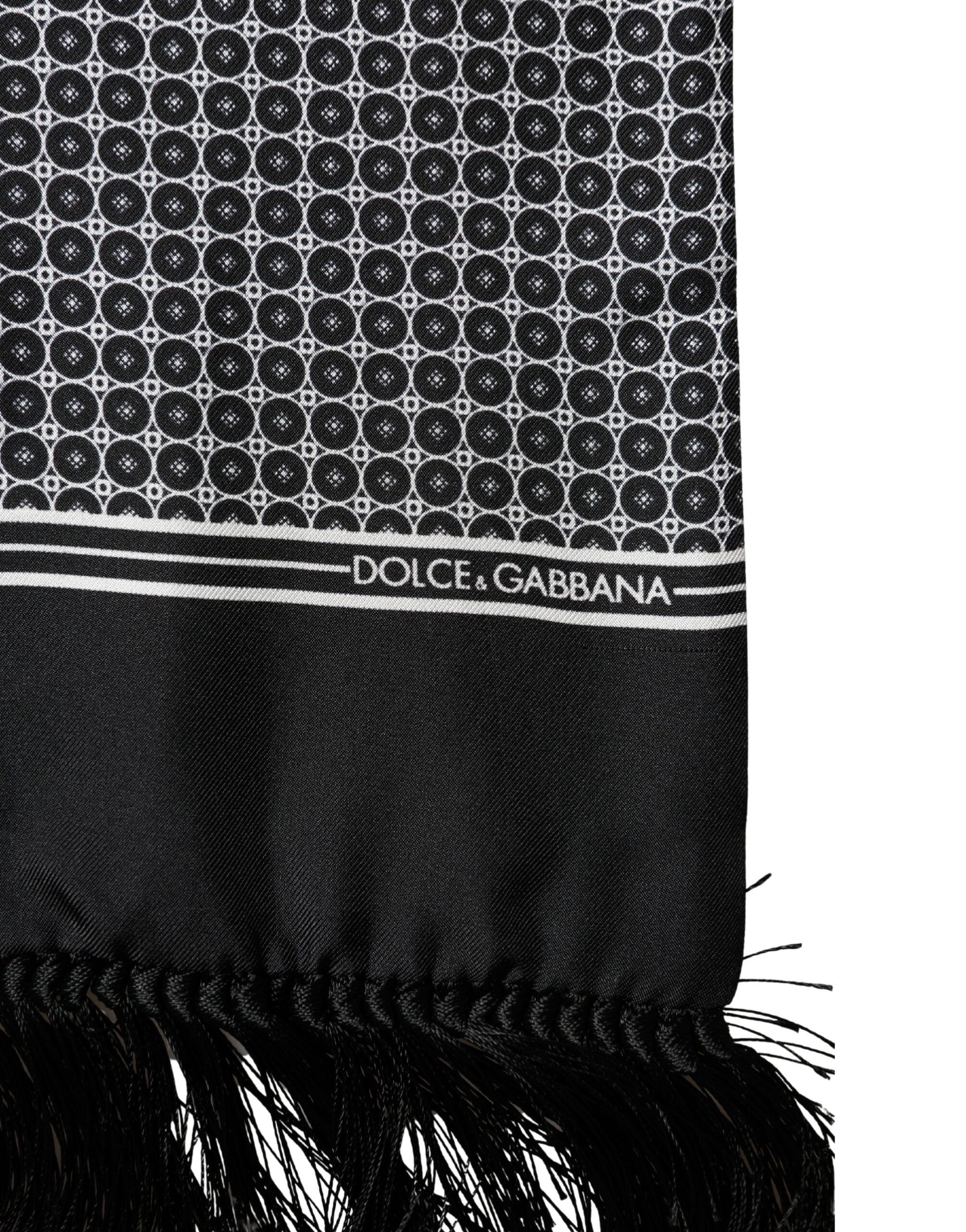 Dolce & Gabbana Black White Silk Geometric Fringed Wrap 142cm X 15cm  Scarf
