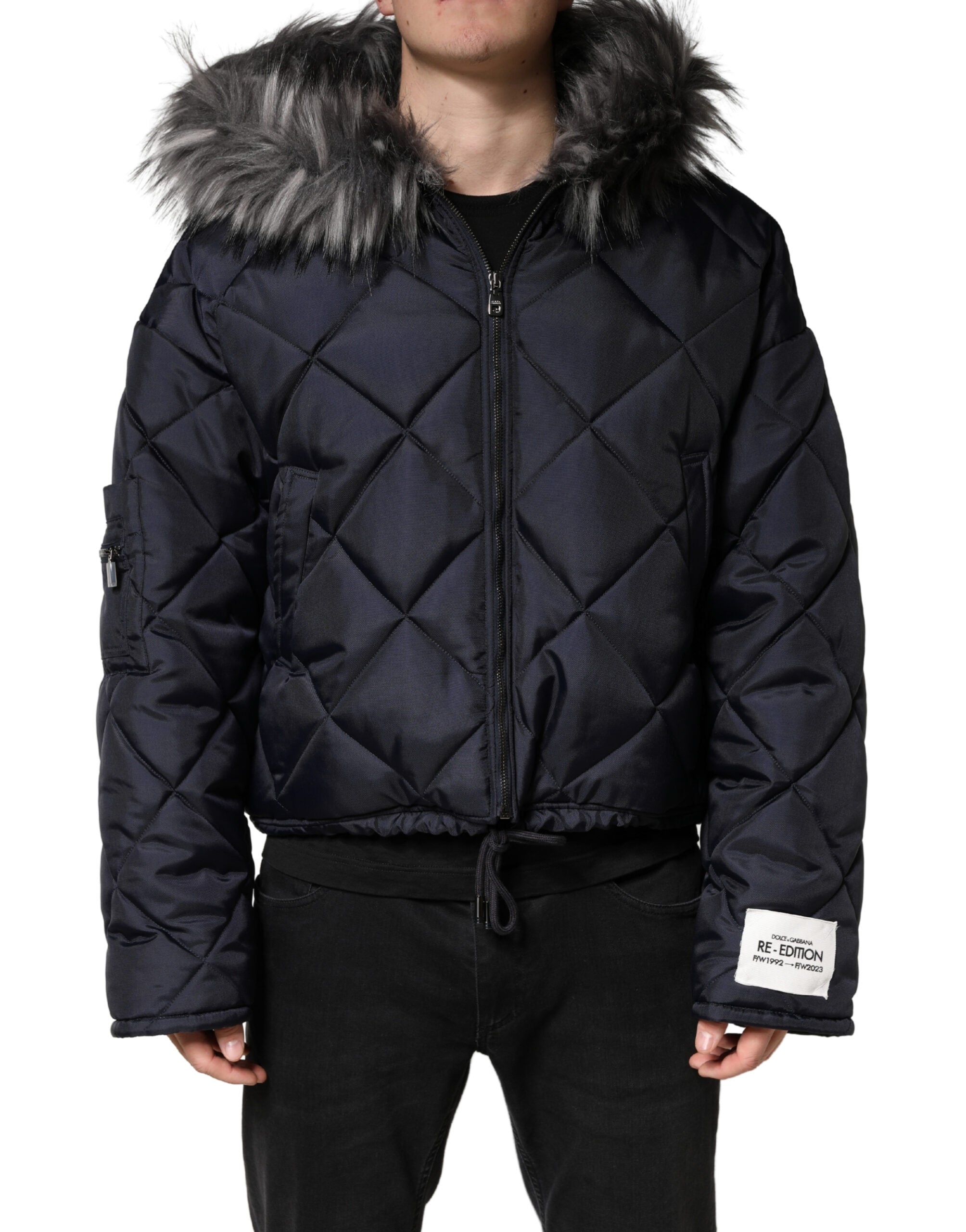 Dolce & Gabbana Black Quilted Fur Shearling Hooded  Jacket