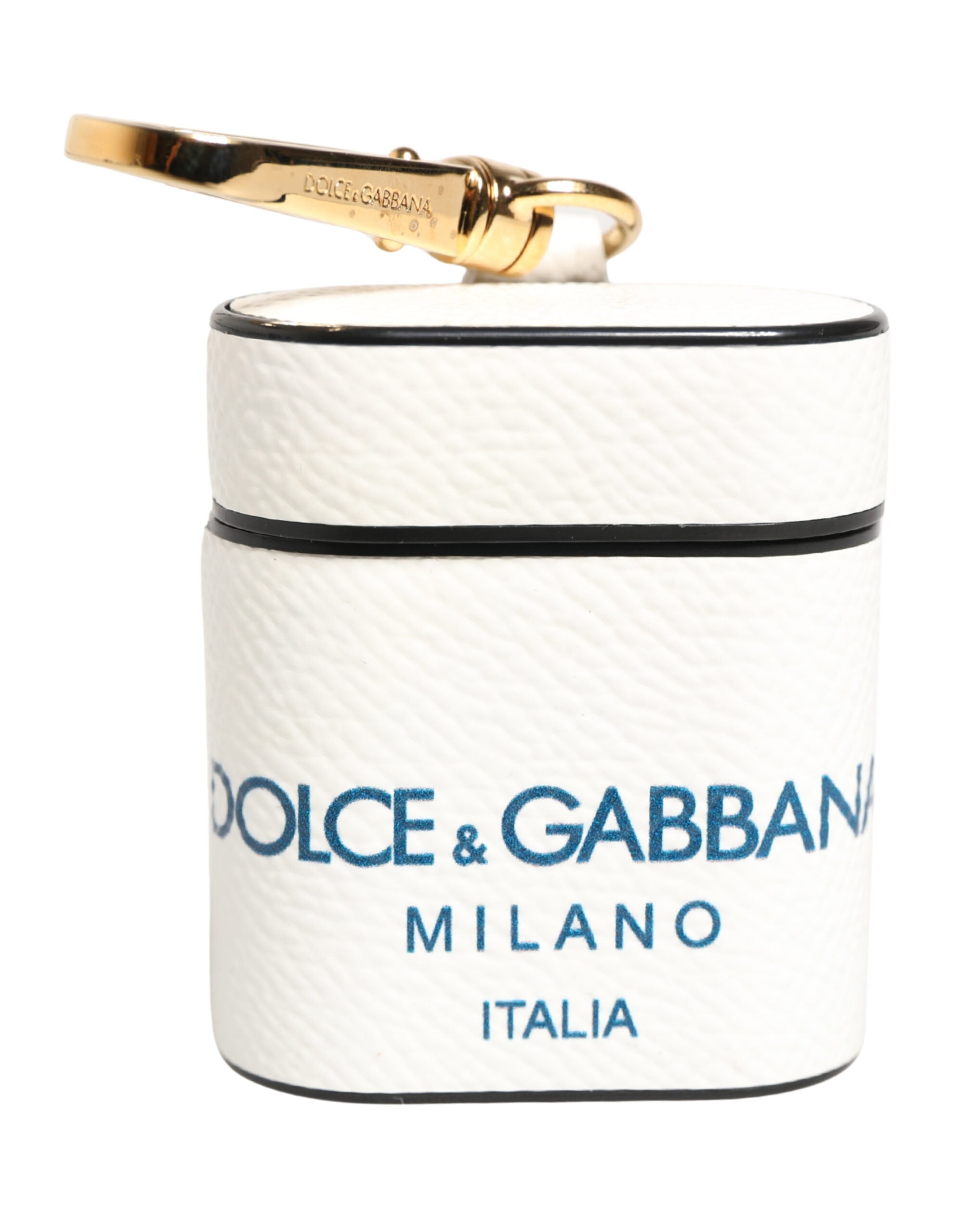 Dolce & Gabbana White Calf Leather Logo Flip Holder Strap Airpods Case