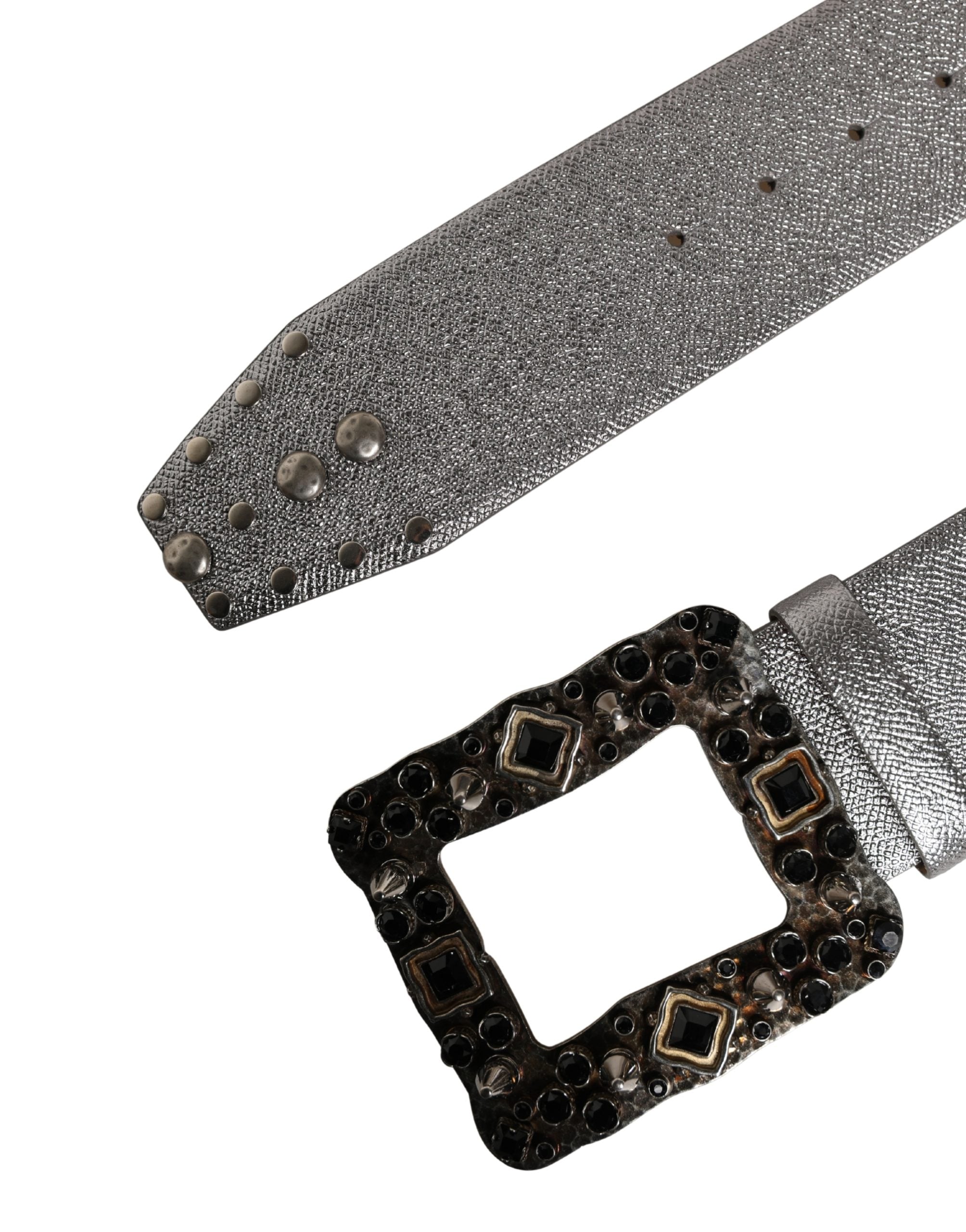 Dolce & Gabbana Silver Leather Crystal Metal Buckle Belt