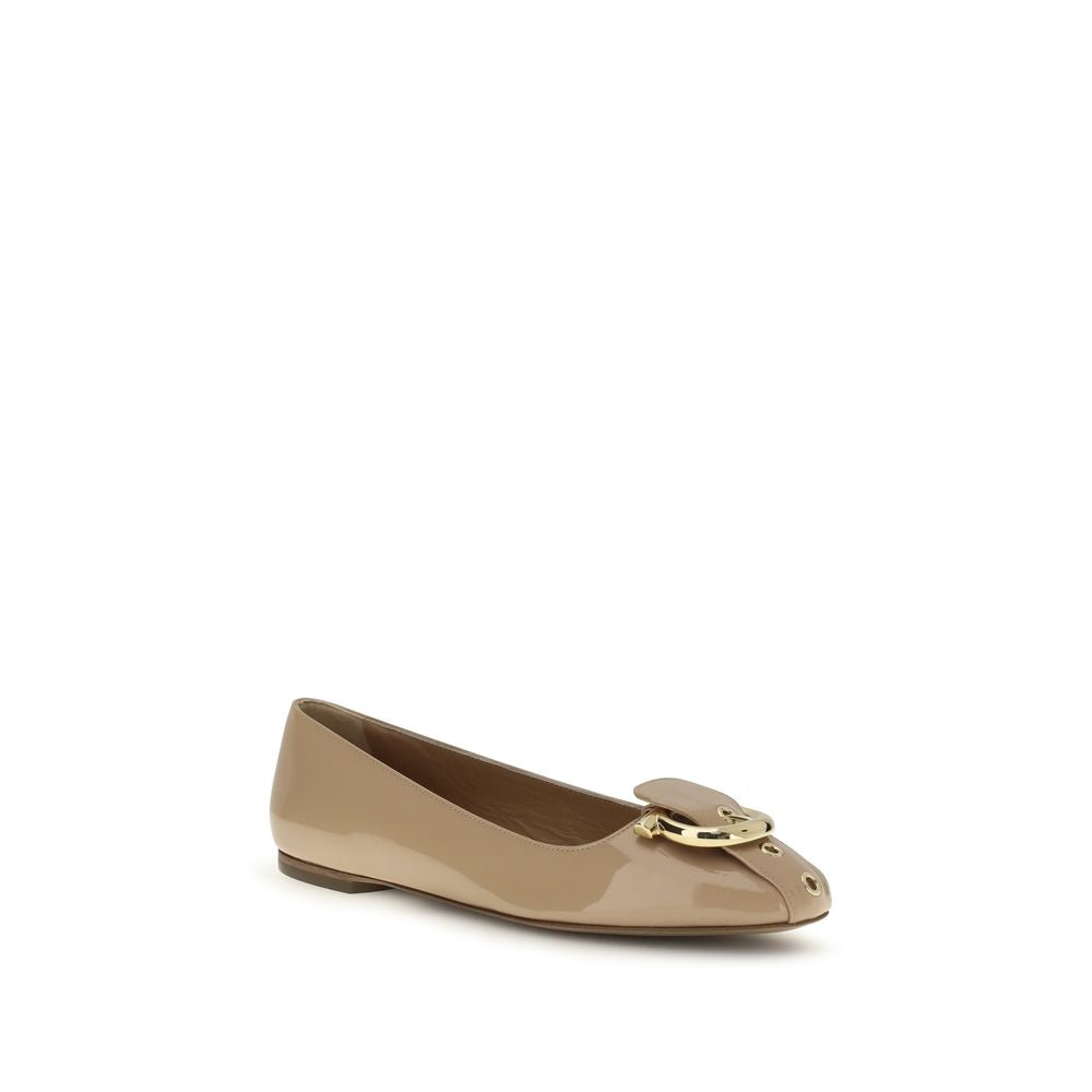 Ferragamo Beige Calf Leather Bos Taurus Ballet Flats