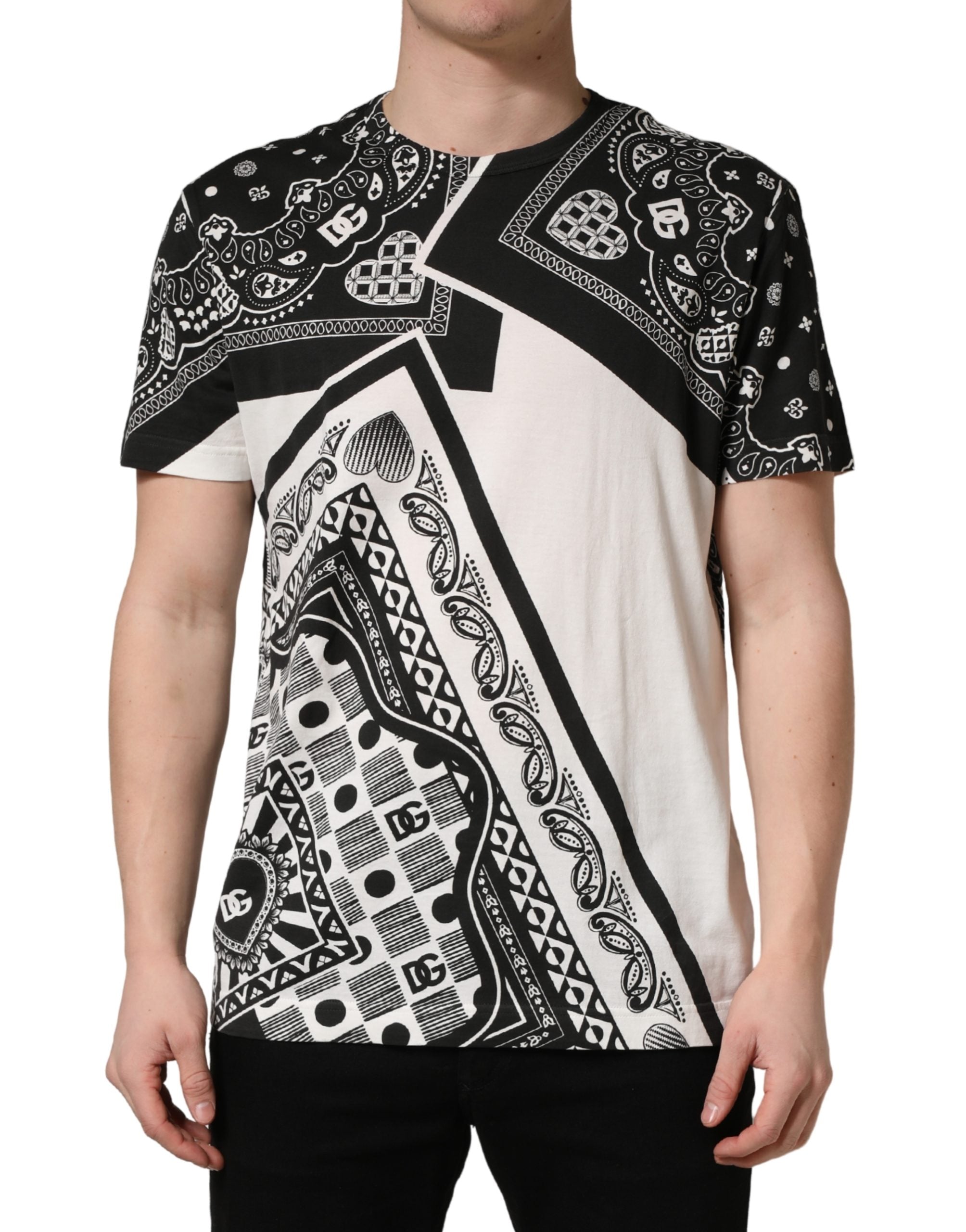 Dolce & Gabbana Schwarz-weißes Bandana Baumwoll-Rundhals-T-Shirt