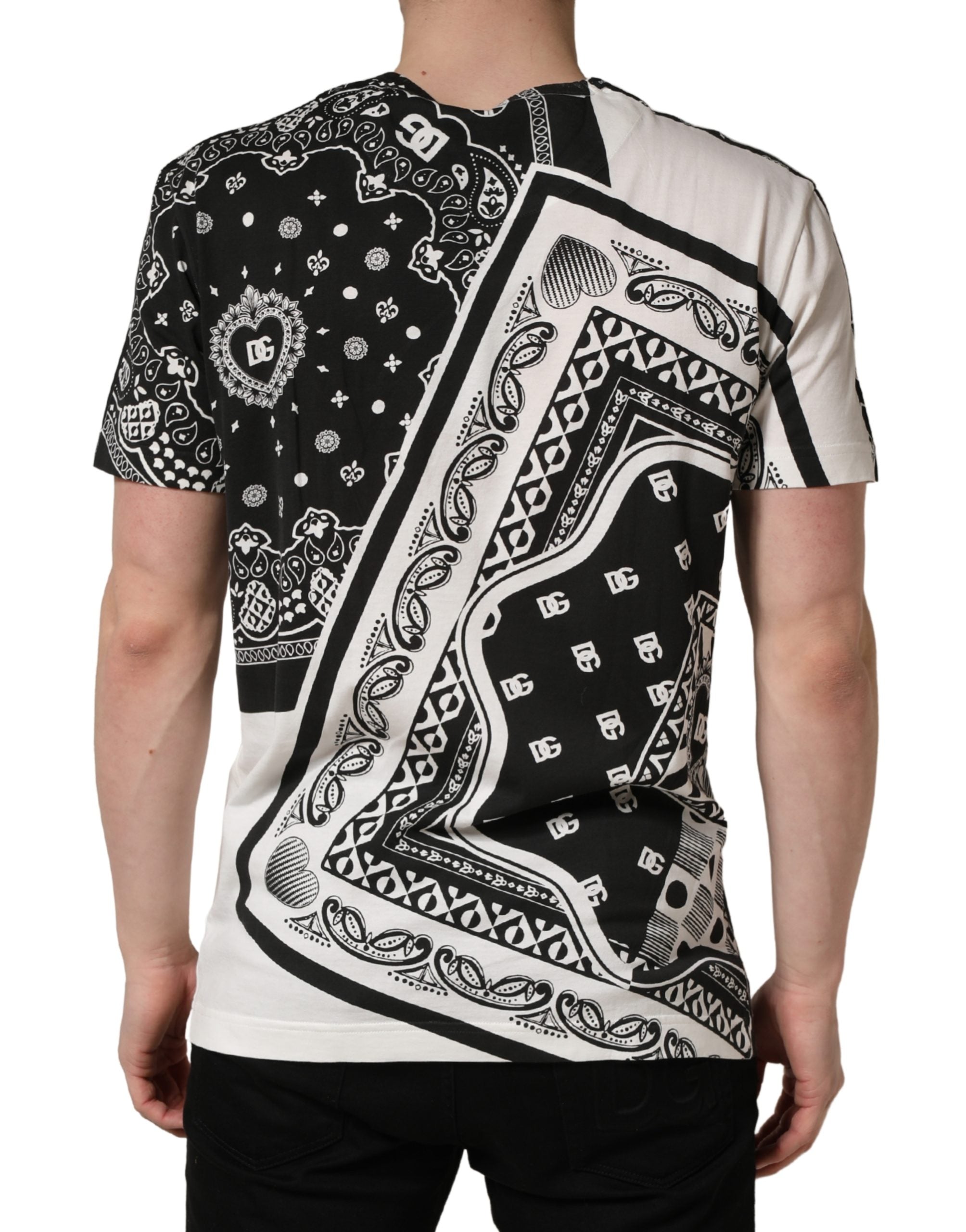 Dolce & Gabbana Schwarz-weißes Bandana Baumwoll-Rundhals-T-Shirt