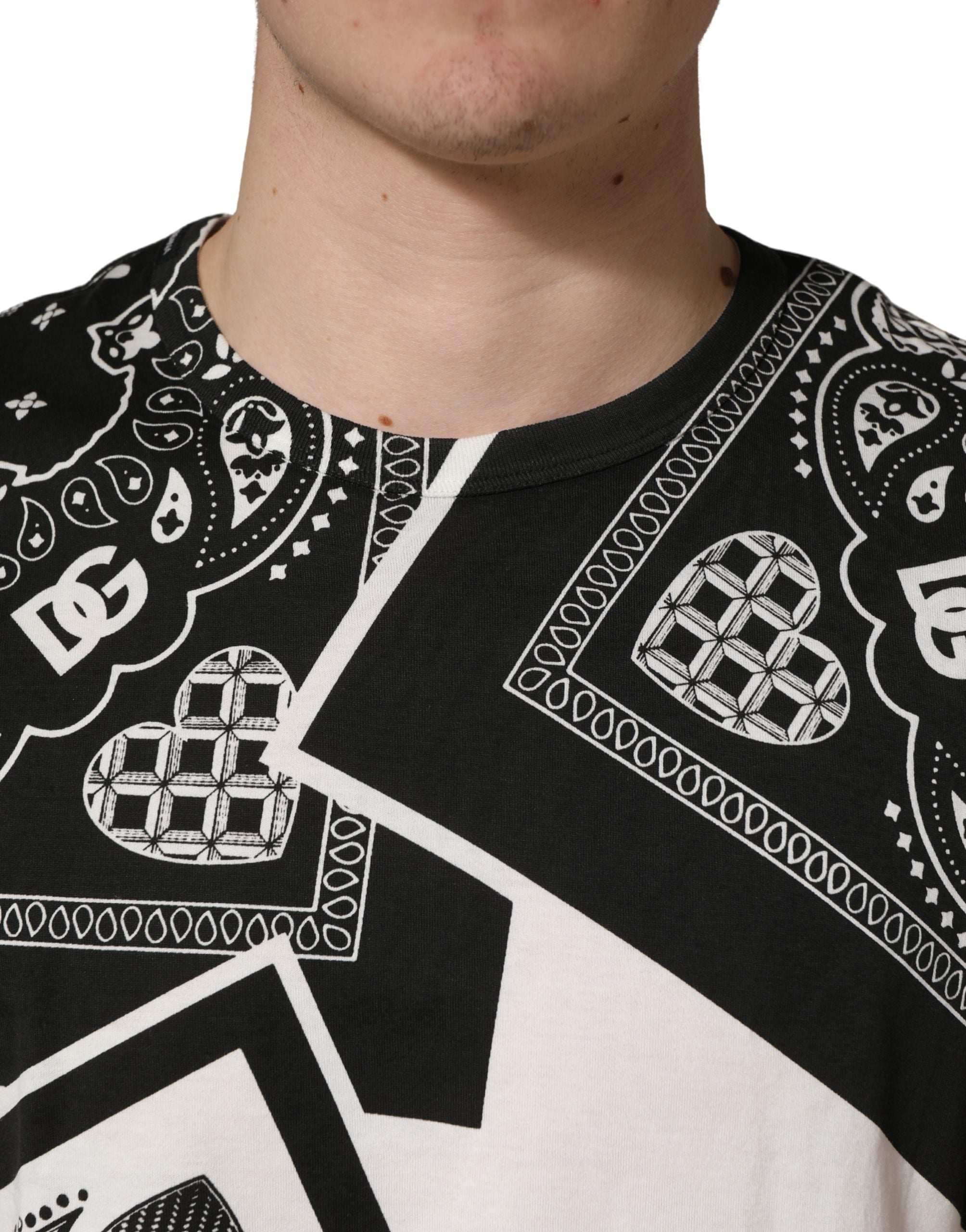 Dolce & Gabbana Schwarz-weißes Bandana Baumwoll-Rundhals-T-Shirt