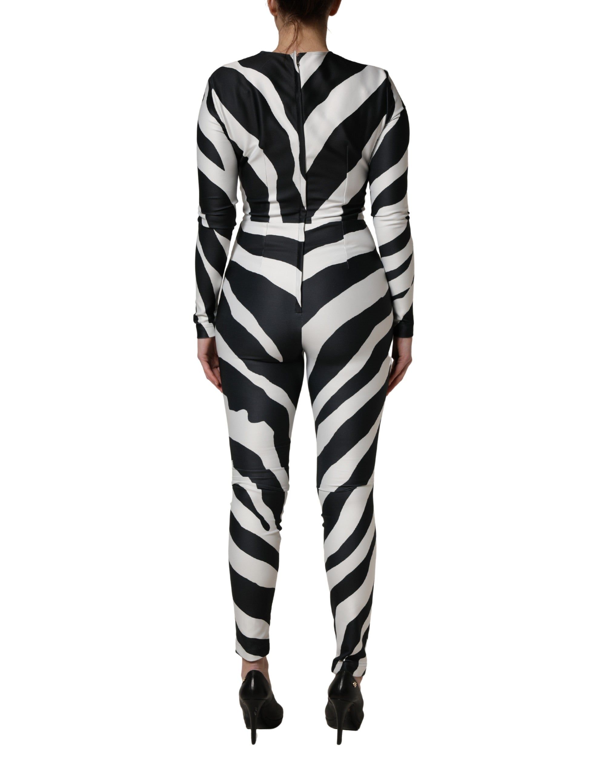 Dolce & Gabbana Jumpsuit aus Polyester mit Zebra-Muster, Schwarz-Weiß