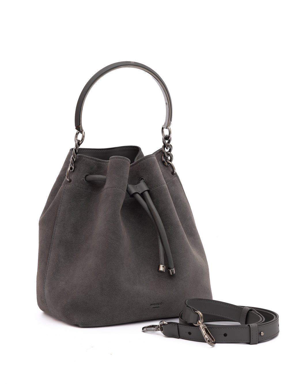 Sac seau Jimmy Choo Bon Bon en daim gris foncé