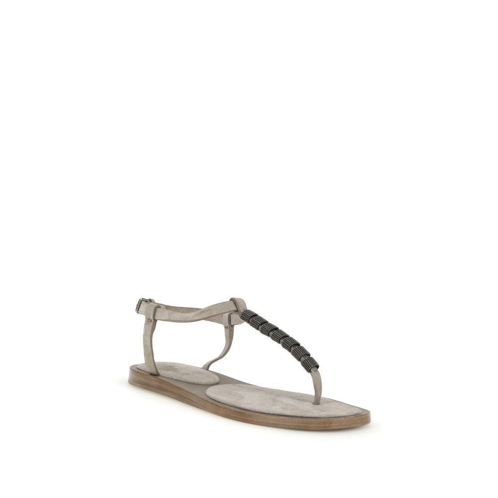 Brunello Cucinelli Flache Sandalen aus beigefarbenem Kalbsleder vom Bos Taurus