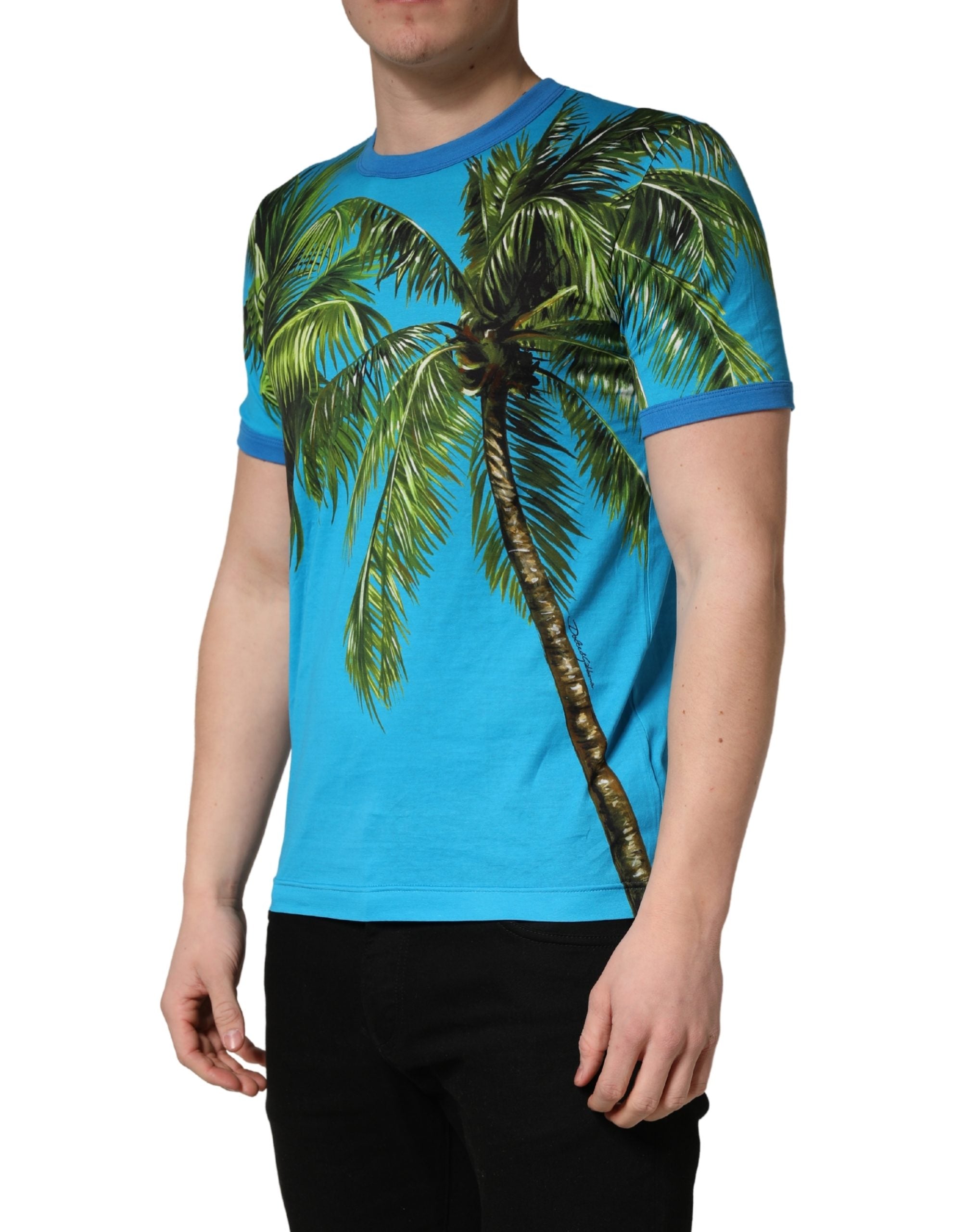 Dolce & Gabbana Baumwoll-T-Shirt mit Rundhalsausschnitt und blauer Palmenprint