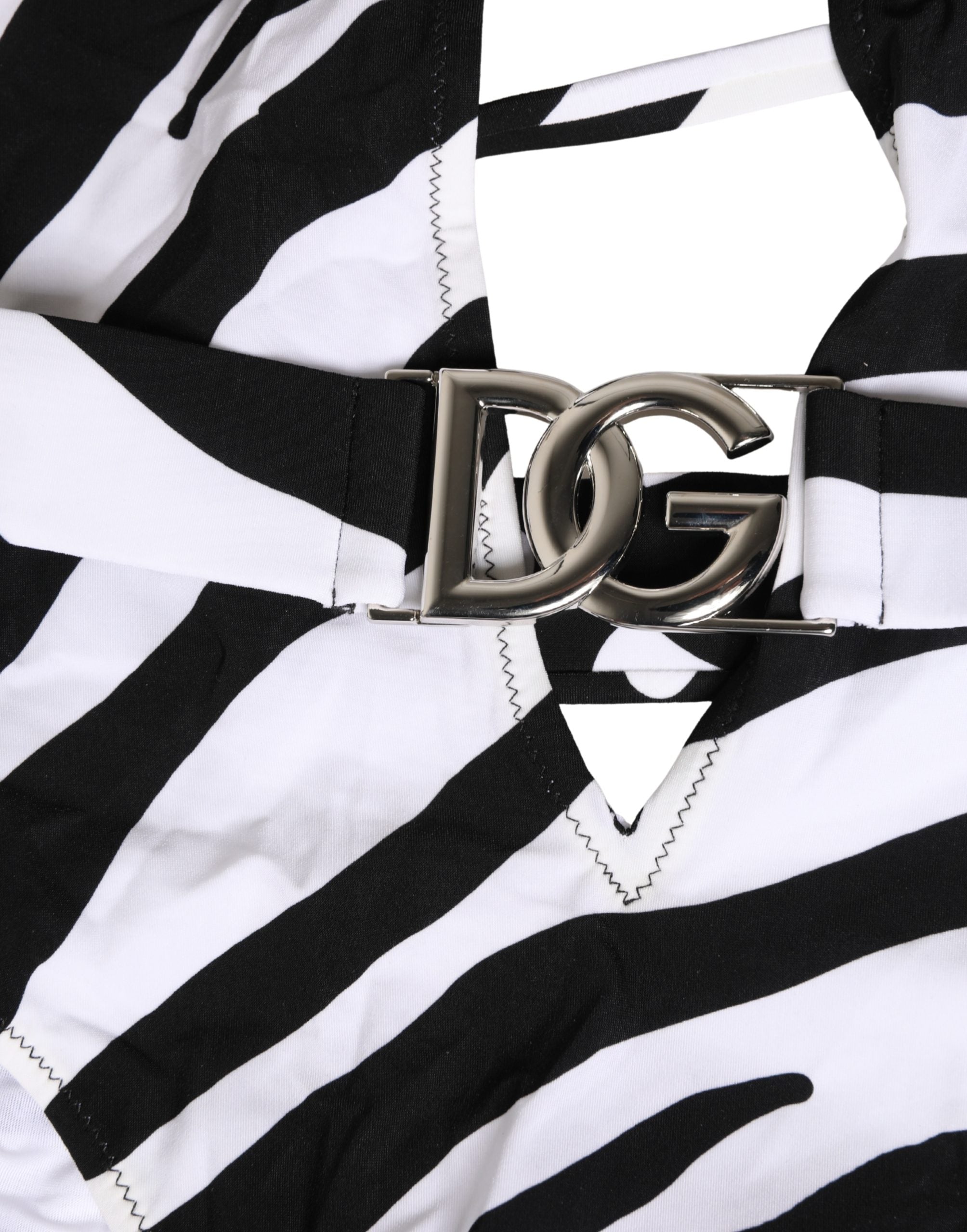 Dolce & Gabbana Schwarz-Weiß Zebra Tiefer V-Ausschnitt Einteiliger Badeanzug