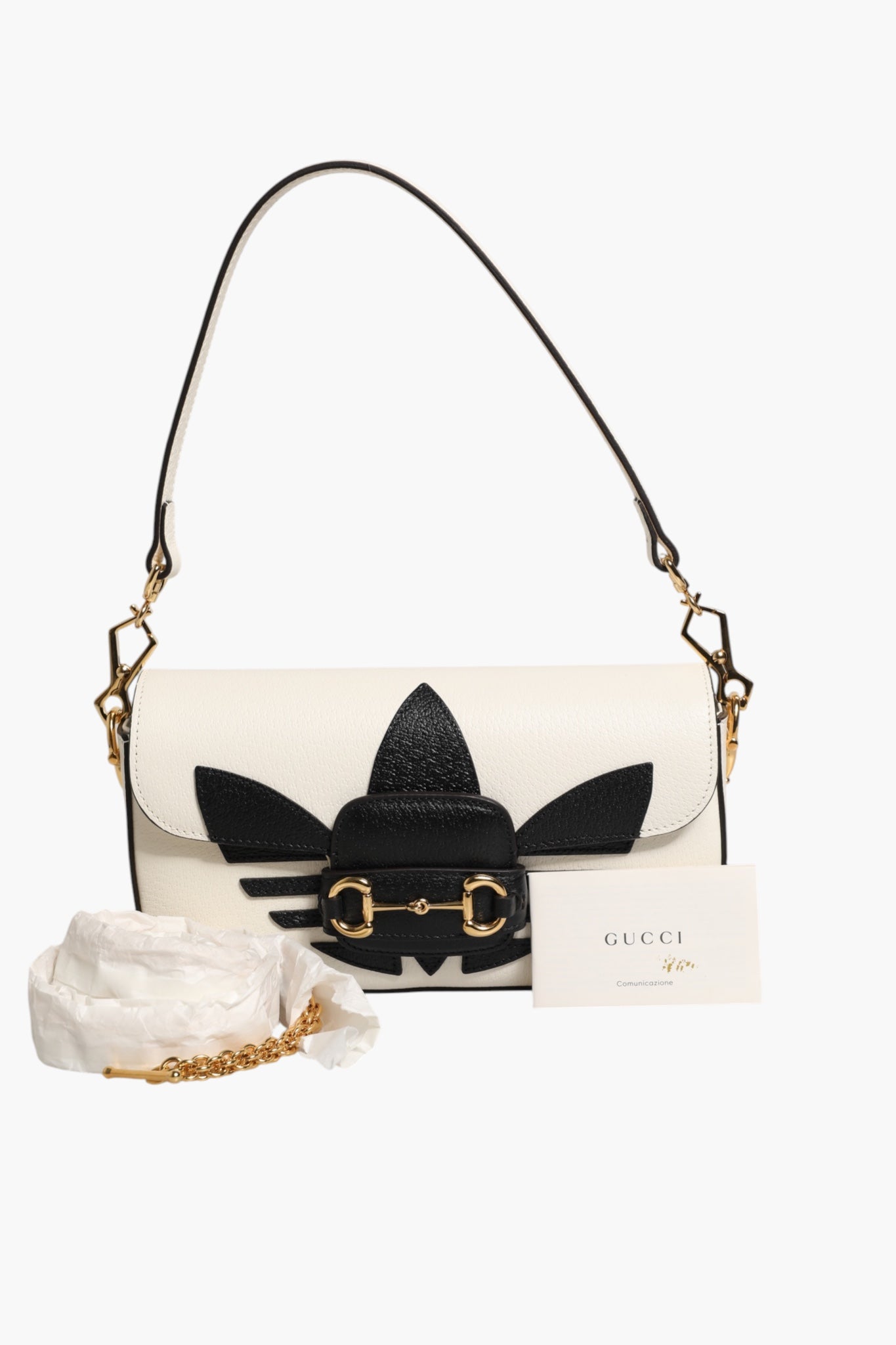 Sac porté épaule Gucci x Adidas Horsebit 1955 en cuir de veau blanc et noir