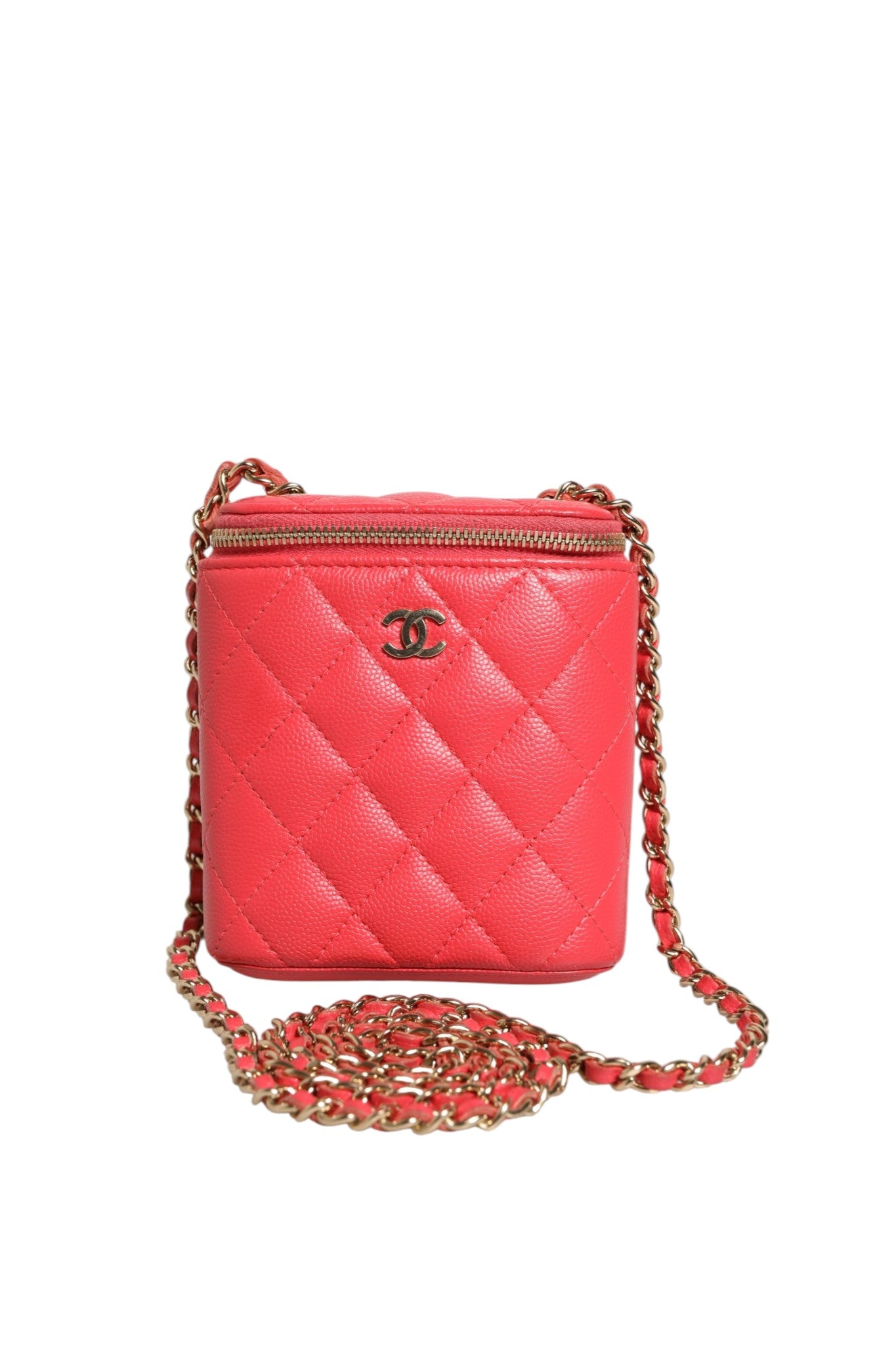 Trousse de Toilette Chanel Coco Beauty Verticale Matelassée en Cuir Caviar Rouge avec Chaîne (Petit Modèle)