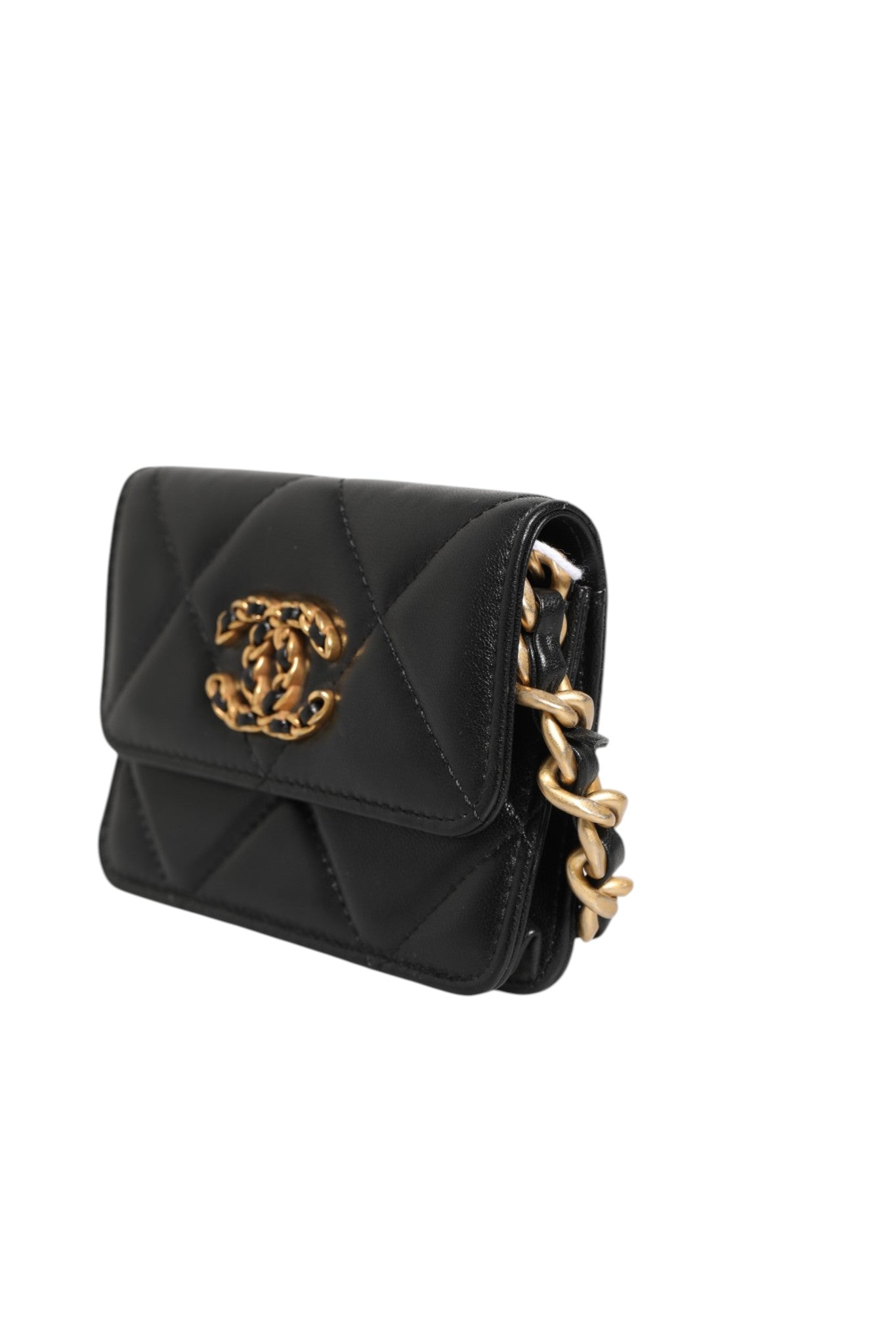 Chanel 19 Flap Coin Purse Gestepptes Leder Schwarz Crossbody