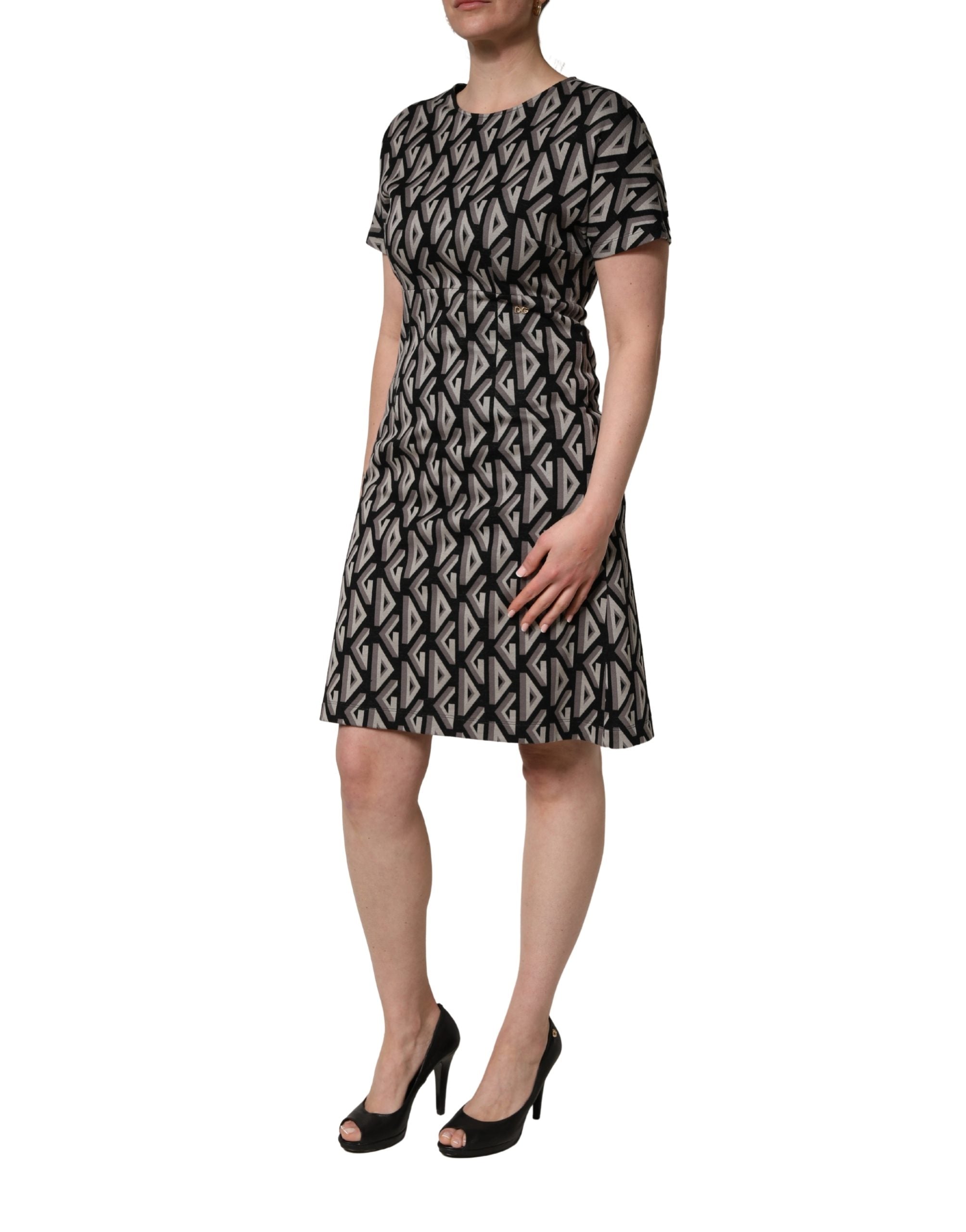 Dolce & Gabbana Schwarzes knielanges Baumwollkleid mit Logo-Print