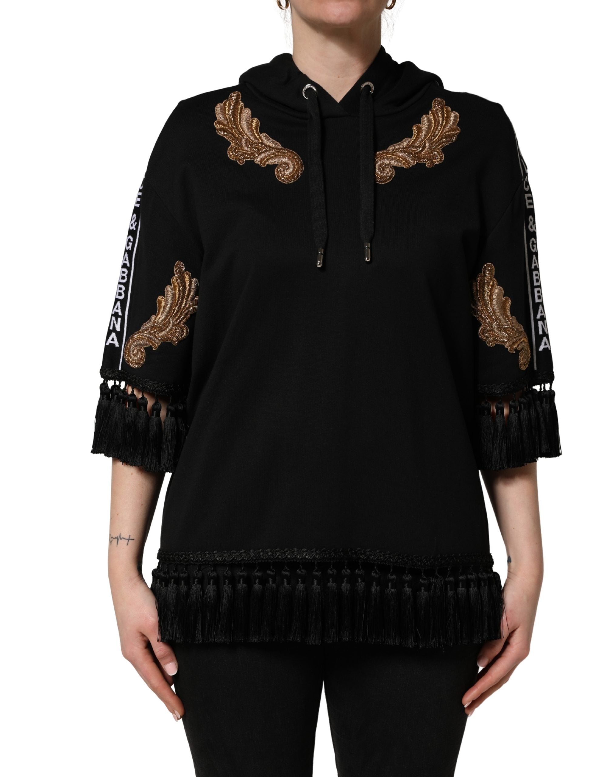 Dolce & Gabbana Schwarzer bestickter Kapuzenpullover mit Quasten