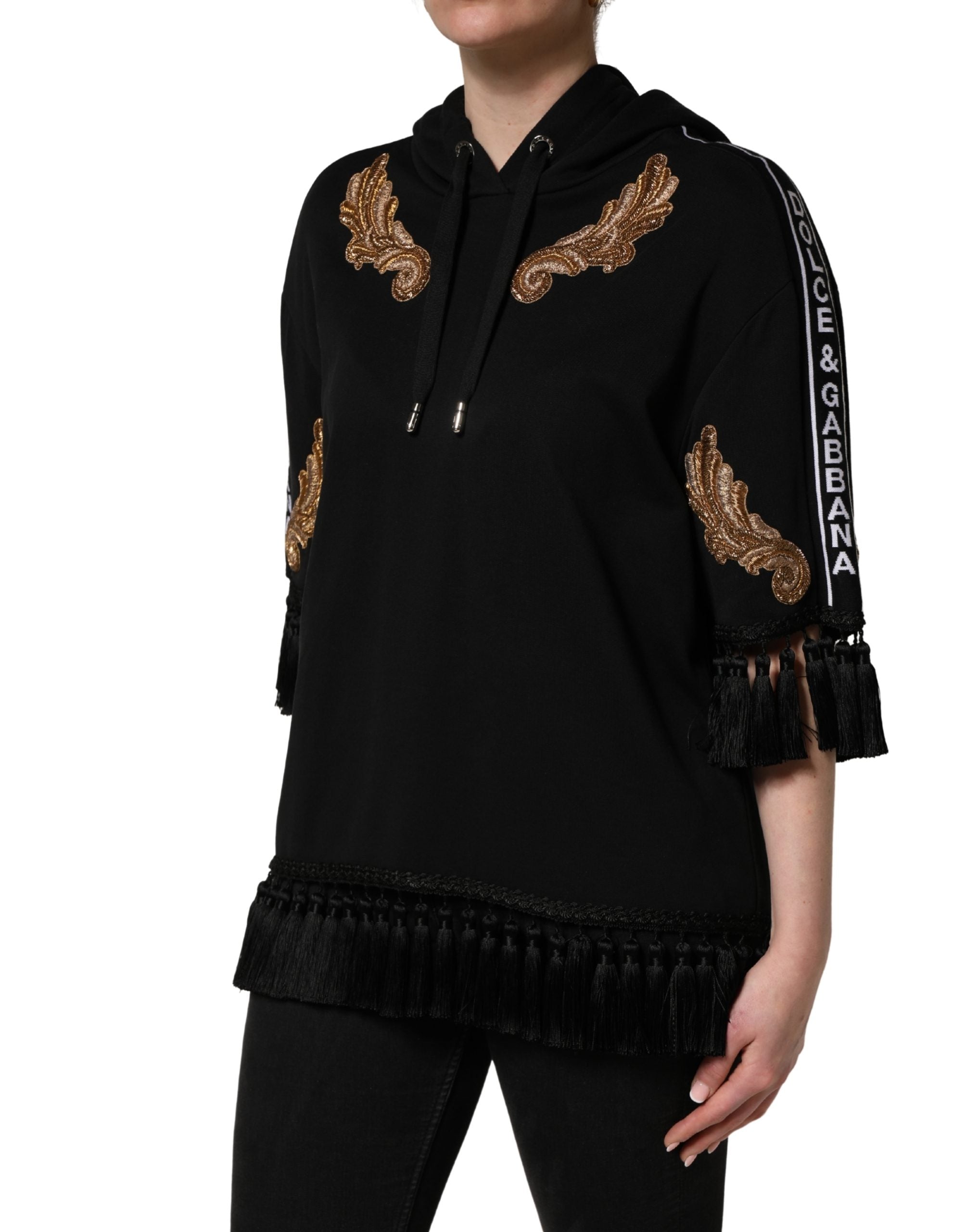 Dolce & Gabbana Schwarzer bestickter Kapuzenpullover mit Quasten