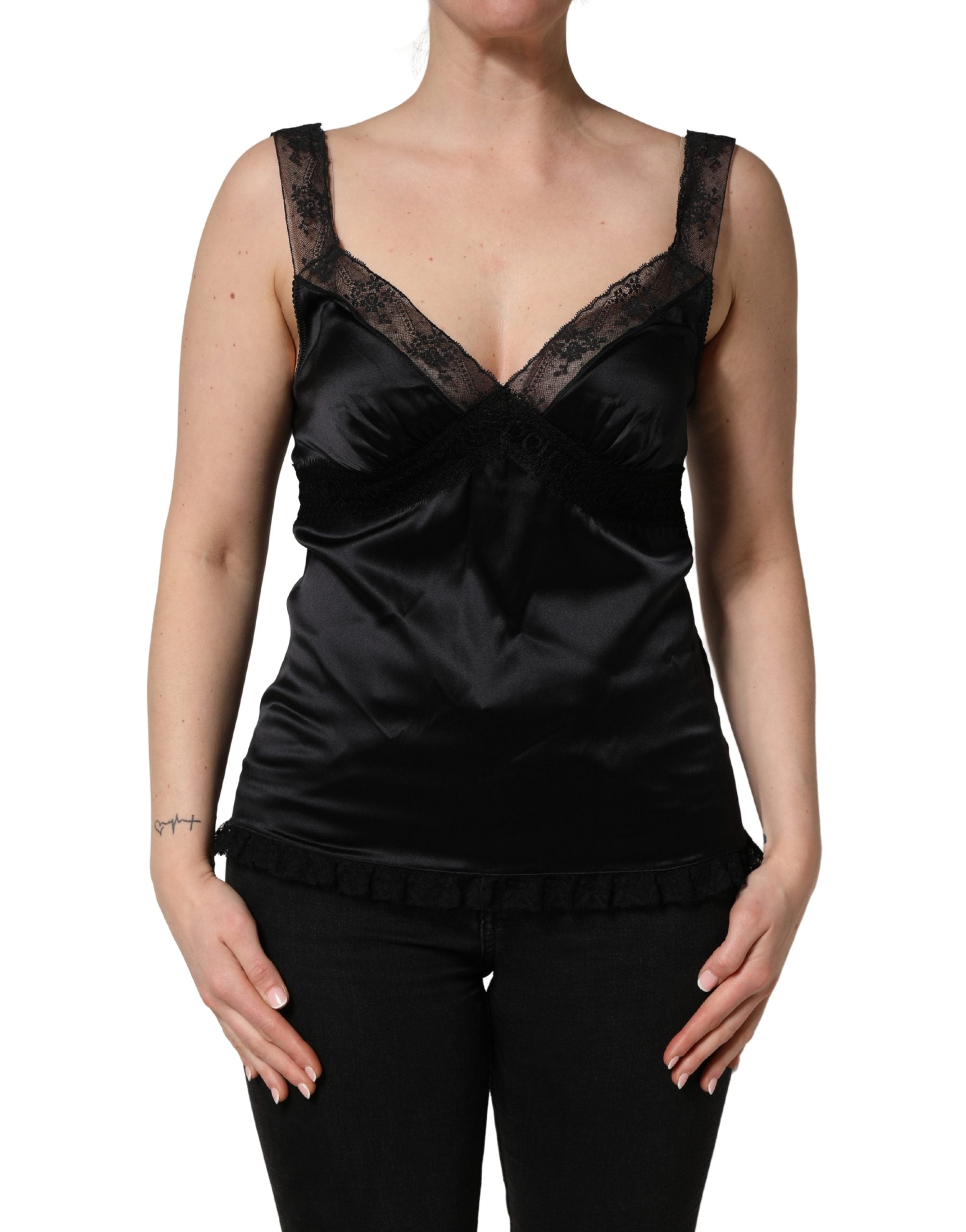 Dolce & Gabbana Schwarzes Seiden-Spitzen-Camisole mit V-Ausschnitt Tank Top