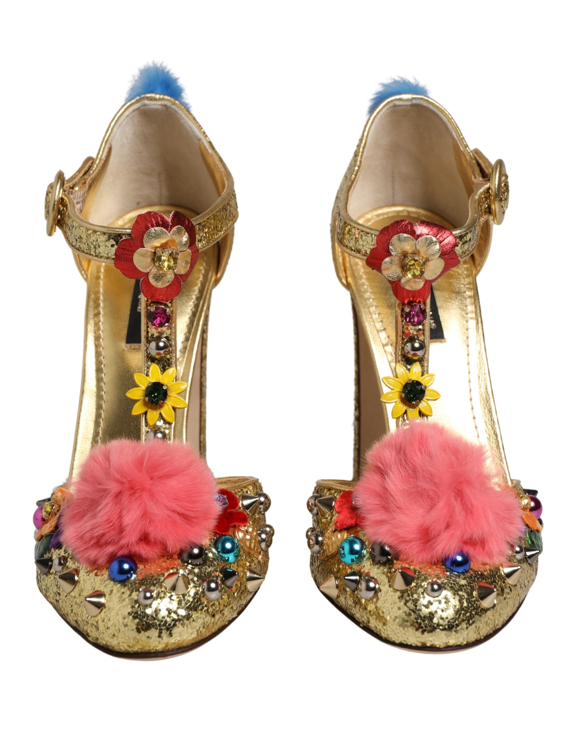 Dolce & Gabbana Goldene Glitter T-Riemen-Sandalen mit Pelzbesatz