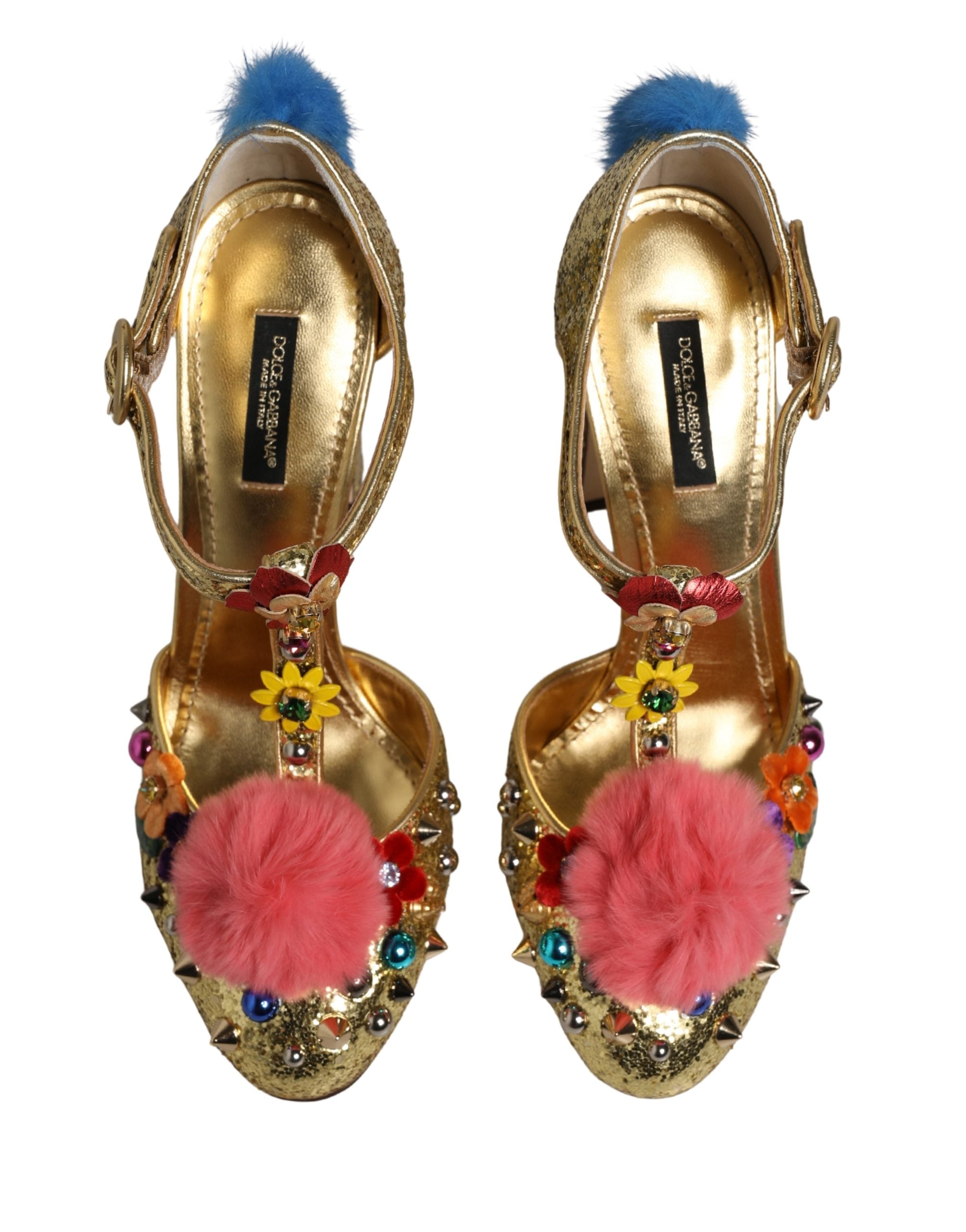 Dolce & Gabbana Goldene Glitter T-Riemen-Sandalen mit Pelzbesatz