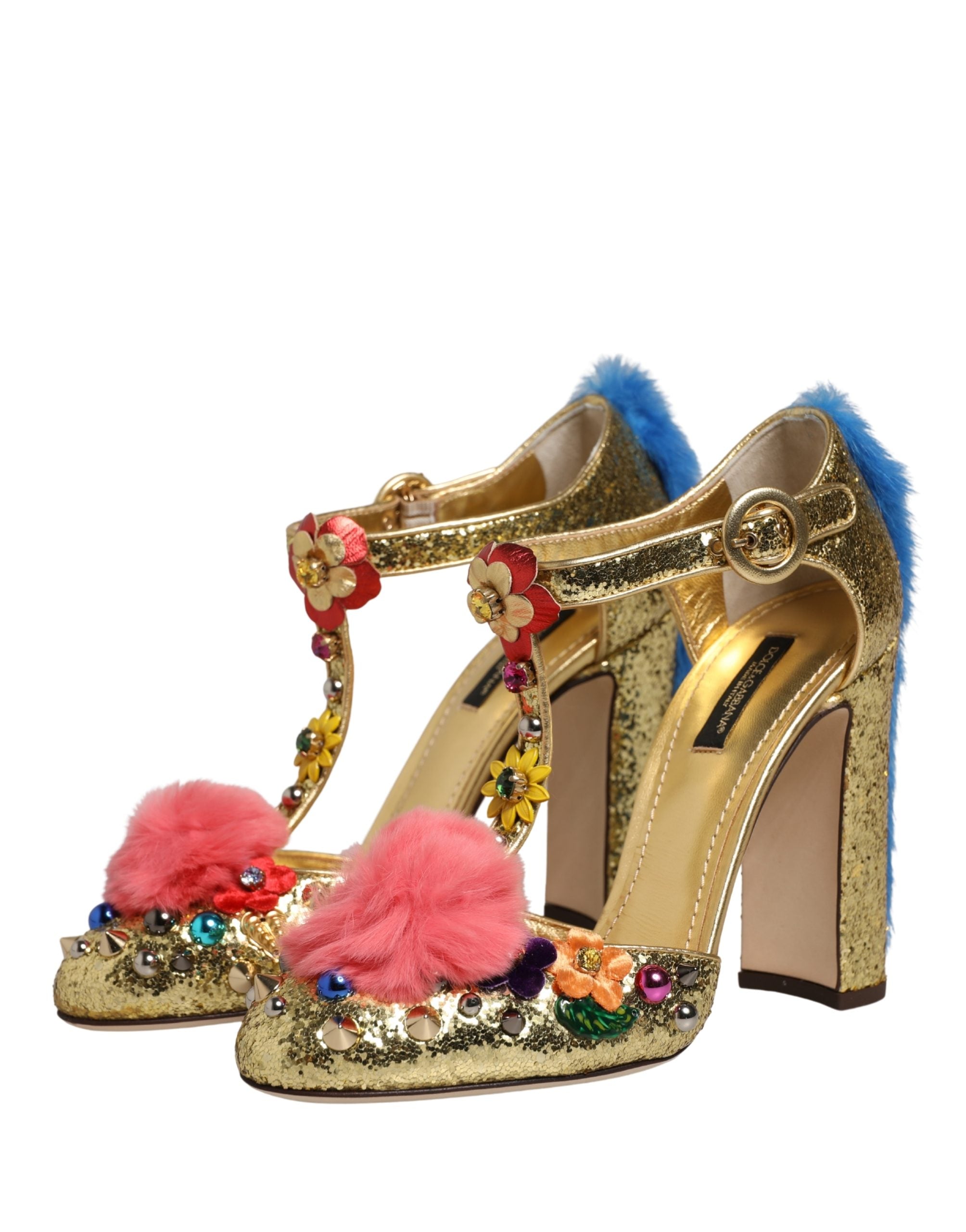 Dolce & Gabbana Goldene Glitter T-Riemen-Sandalen mit Pelzbesatz