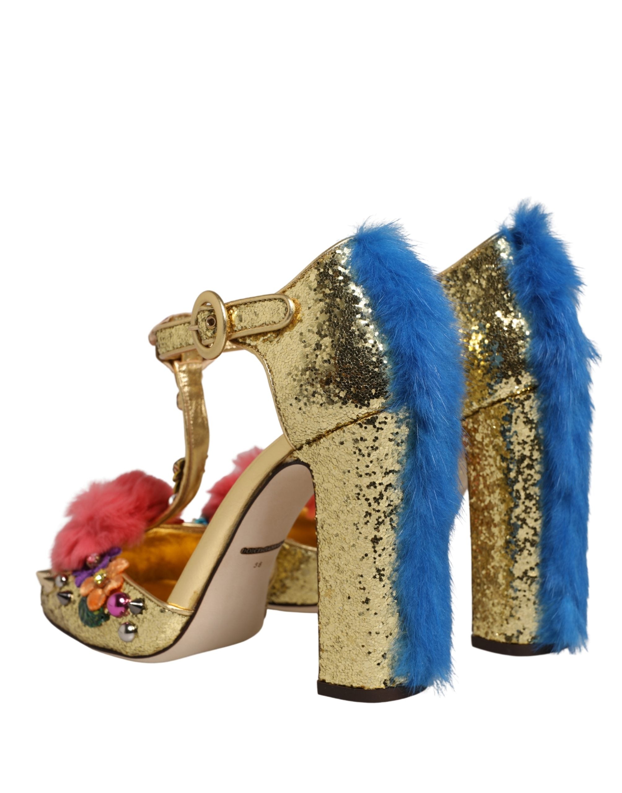 Dolce & Gabbana Goldene Glitter T-Riemen-Sandalen mit Pelzbesatz