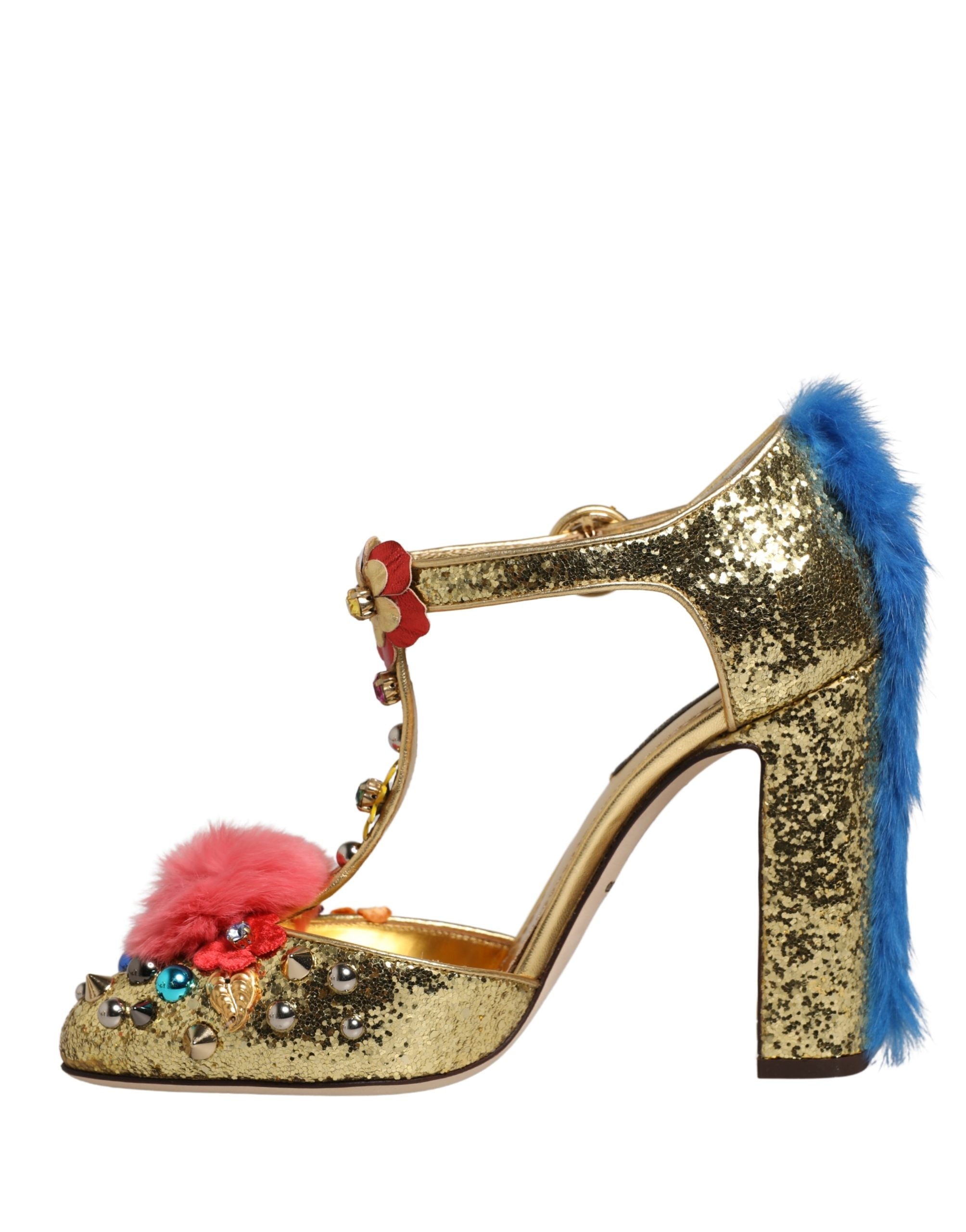 Dolce & Gabbana Goldene Glitter T-Riemen-Sandalen mit Pelzbesatz