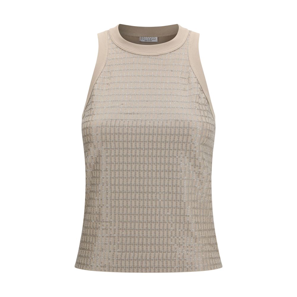 Brunello Cucinelli Beiges ärmelloses T-Shirt aus Baumwolle