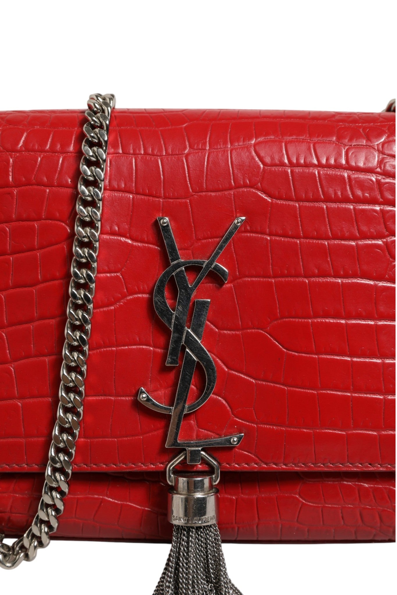 Saint Laurent Kate Tassel Chain Bag in Red Crocodile Embossed Leather