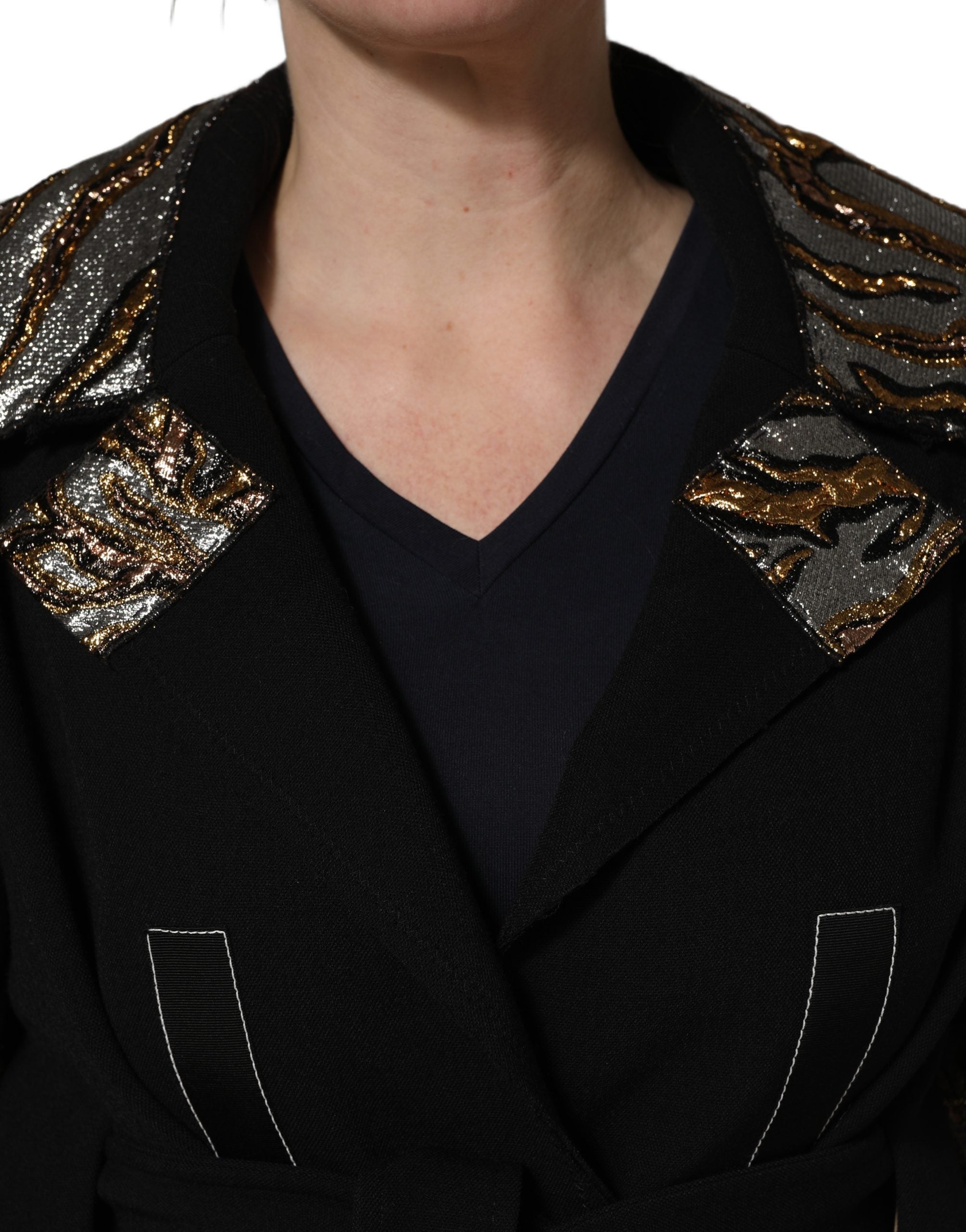 Dolce & Gabbana Schwarze einreihige Brokatmanteljacke