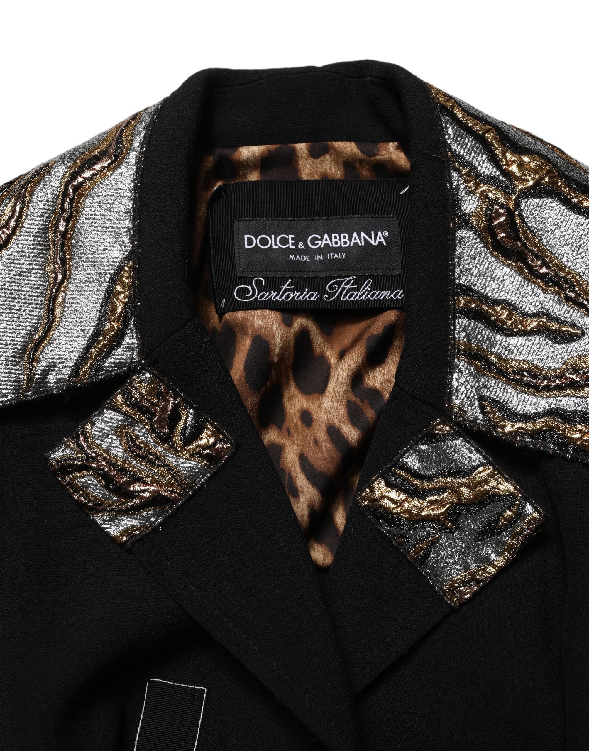 Dolce & Gabbana Schwarze einreihige Brokatmanteljacke