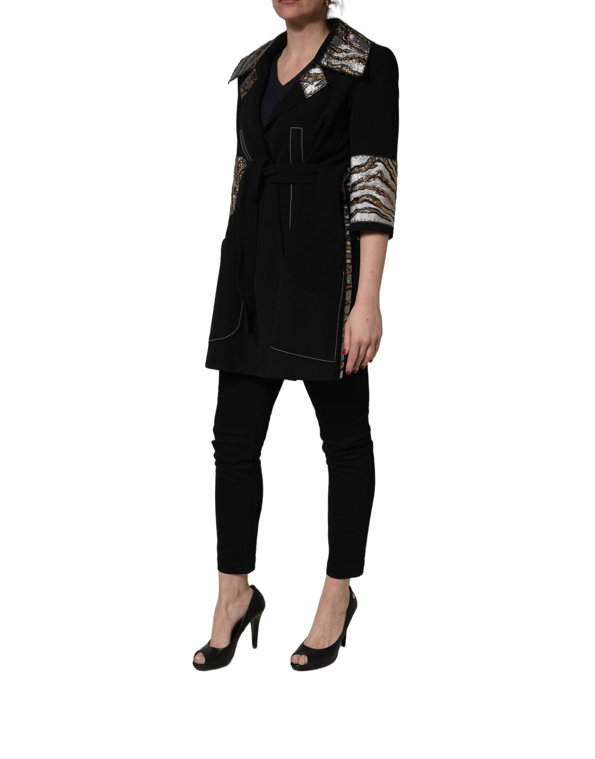 Dolce & Gabbana Schwarze einreihige Brokatmanteljacke