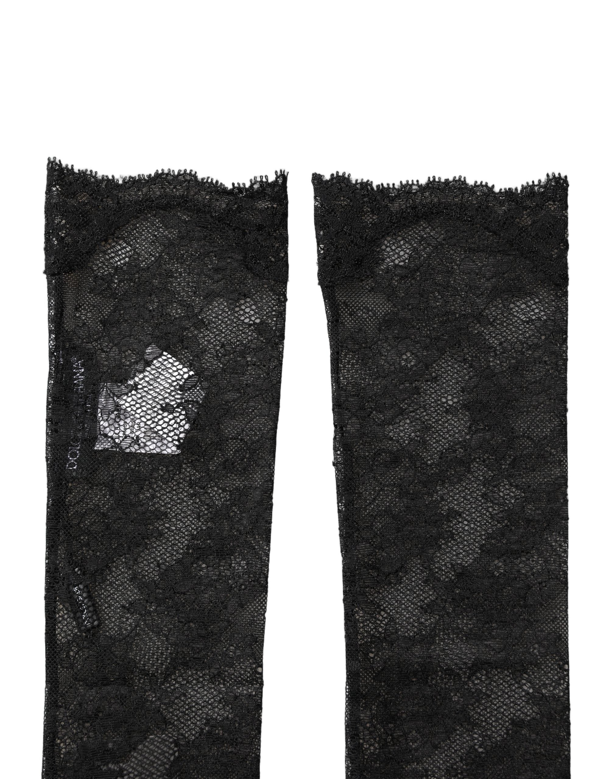 Dolce & Gabbana Kniestrümpfe aus schwarzem Nylonstretch mit floraler Spitze