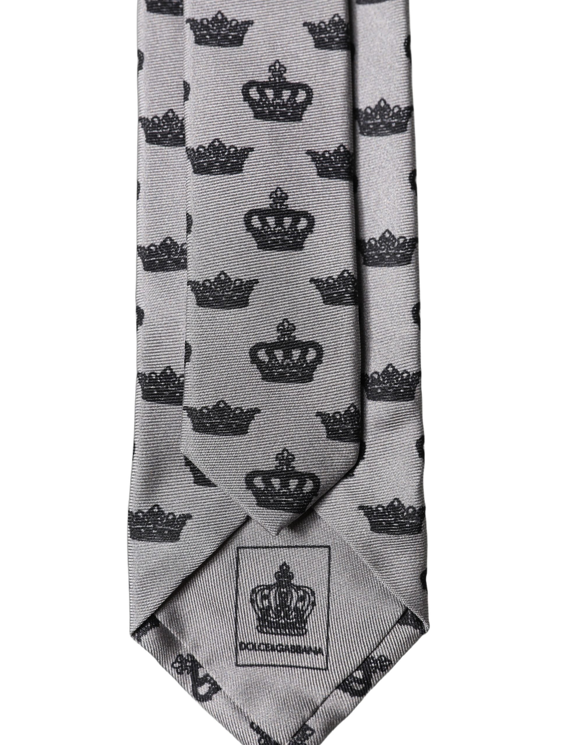 Cravate en soie grise ajustable à nouer pour homme Dolce & Gabbana motif Couronne Fantaisie