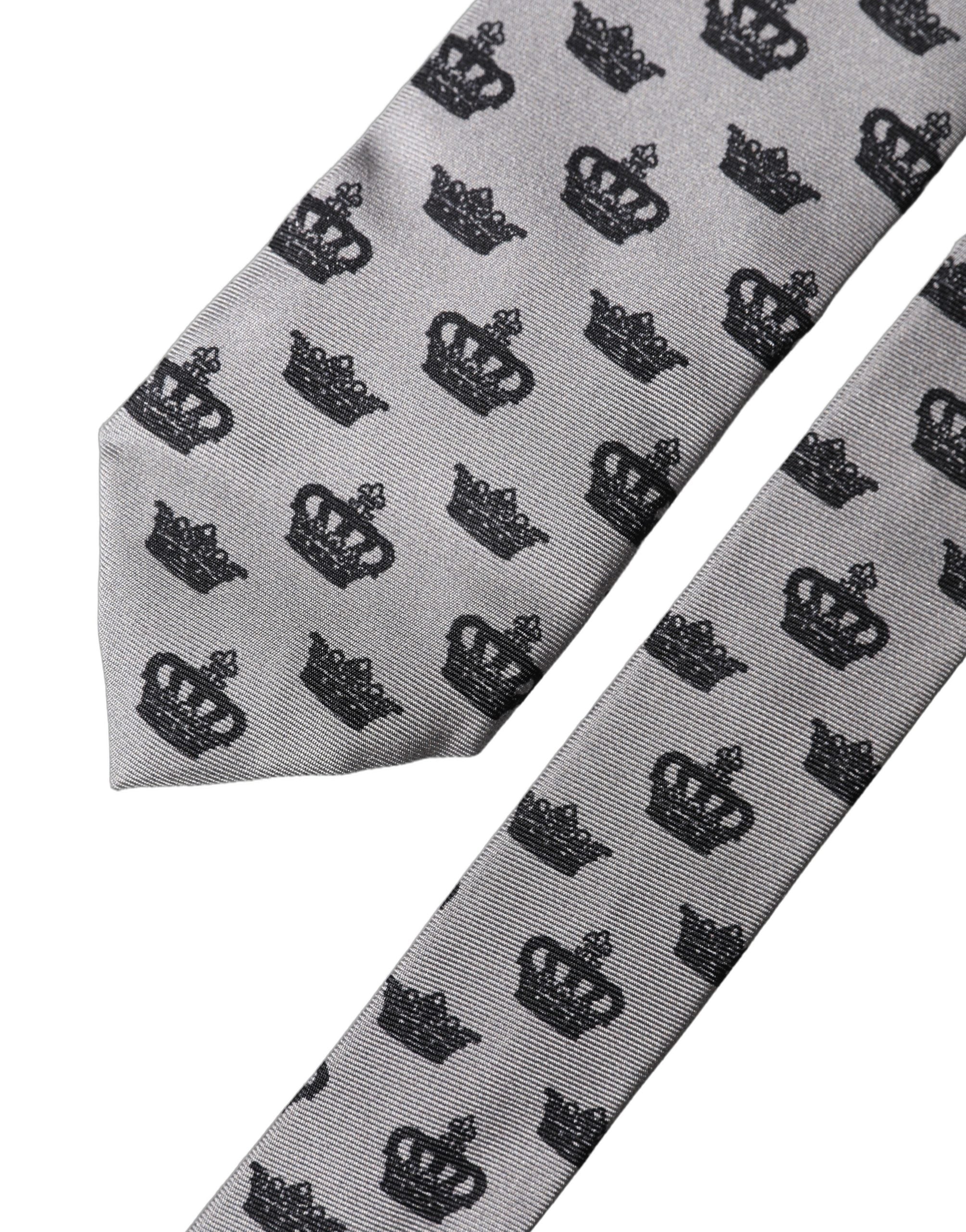 Cravate en soie grise ajustable à nouer pour homme Dolce & Gabbana motif Couronne Fantaisie