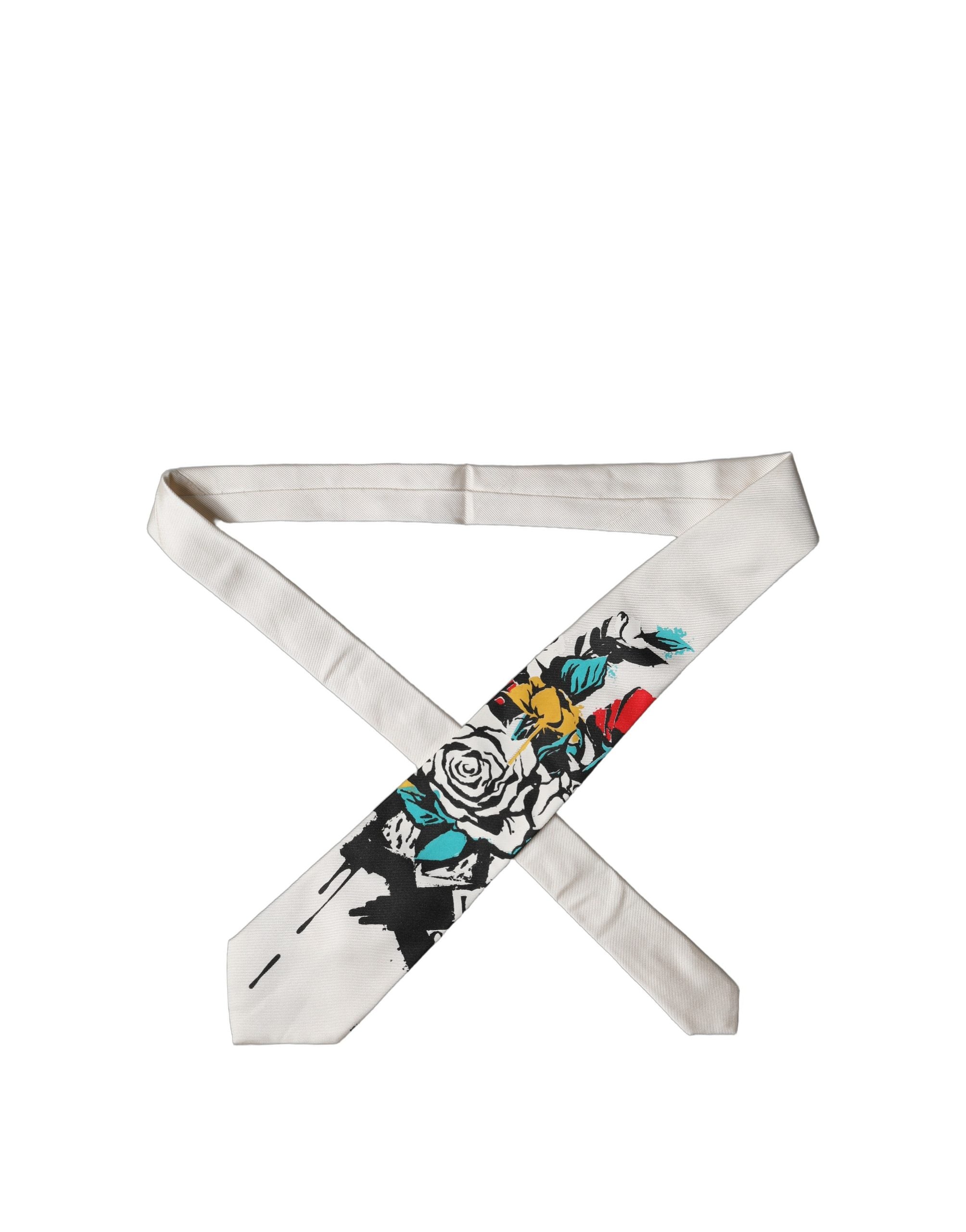 Cravate en soie réglable Dolce & Gabbana blanche à motif floral tatoué pour homme