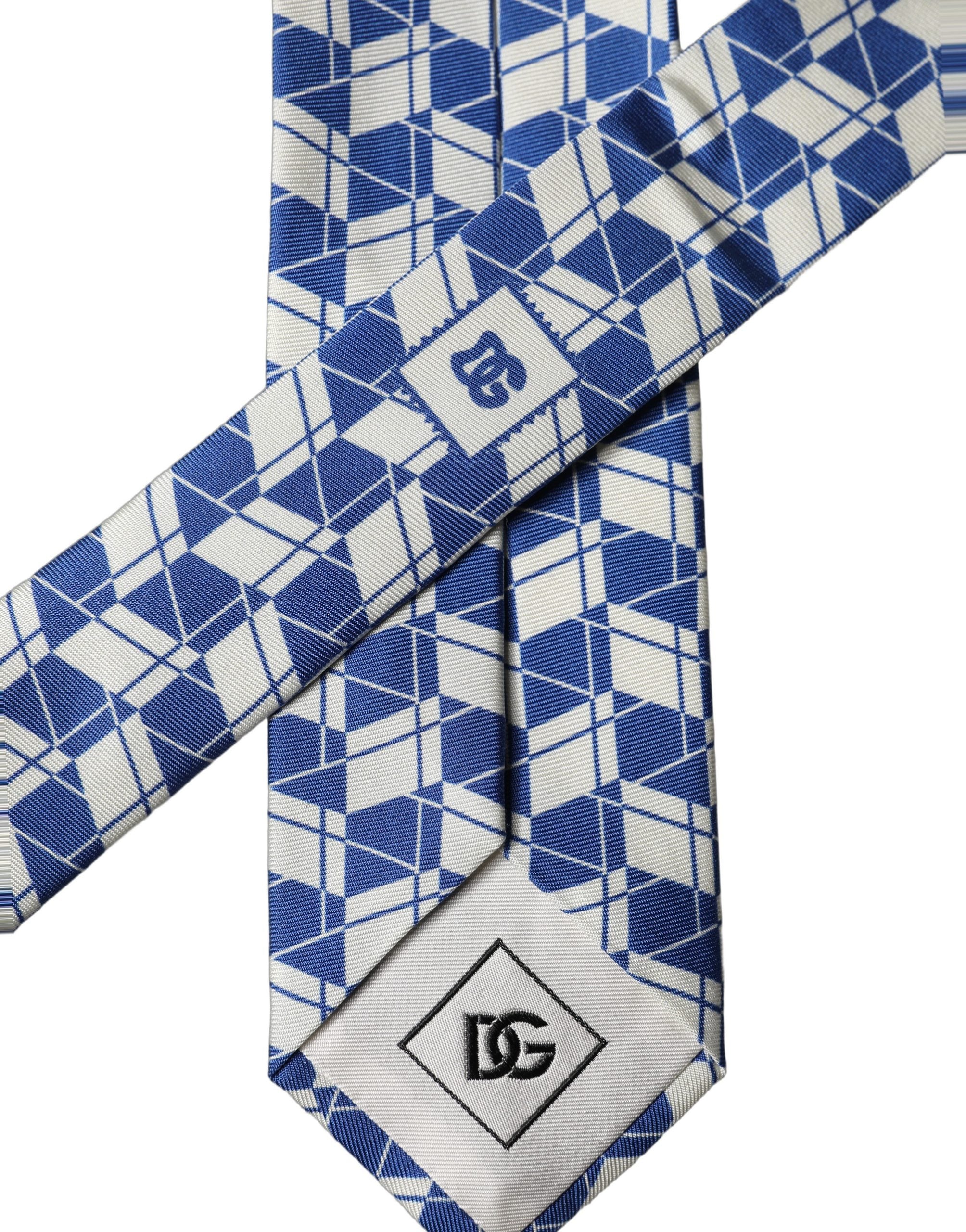 Dolce & Gabbana Blau Weiß Geometrisch Seide Verstellbar Herren Krawatte