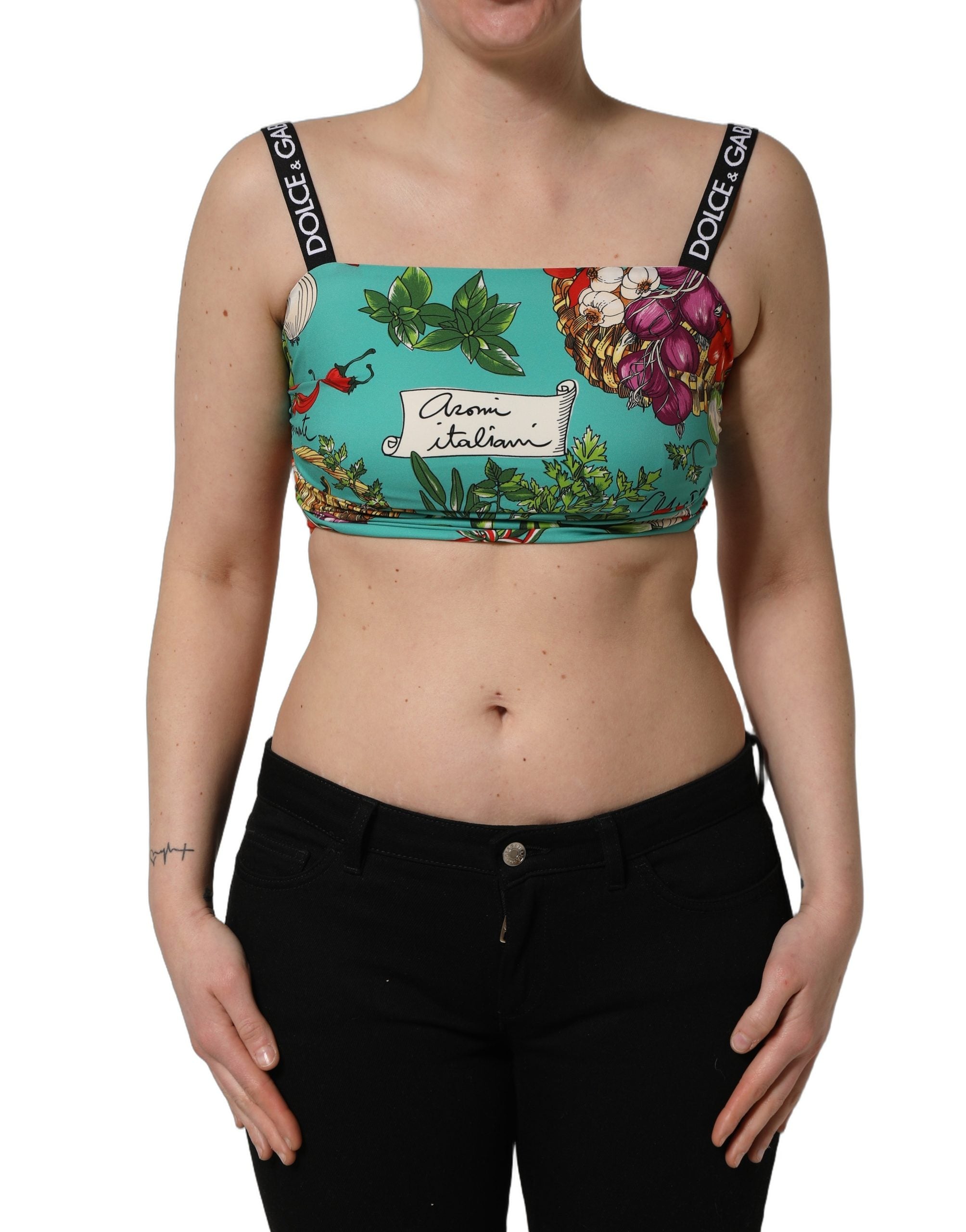 Débardeur court en soie Dolce & Gabbana turquoise imprimé végétal