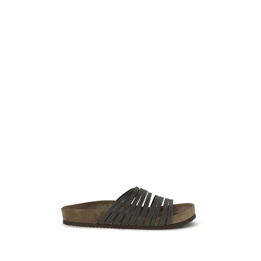 Sandales plates Brunello Cucinelli en cuir de veau noir Bos Taurus