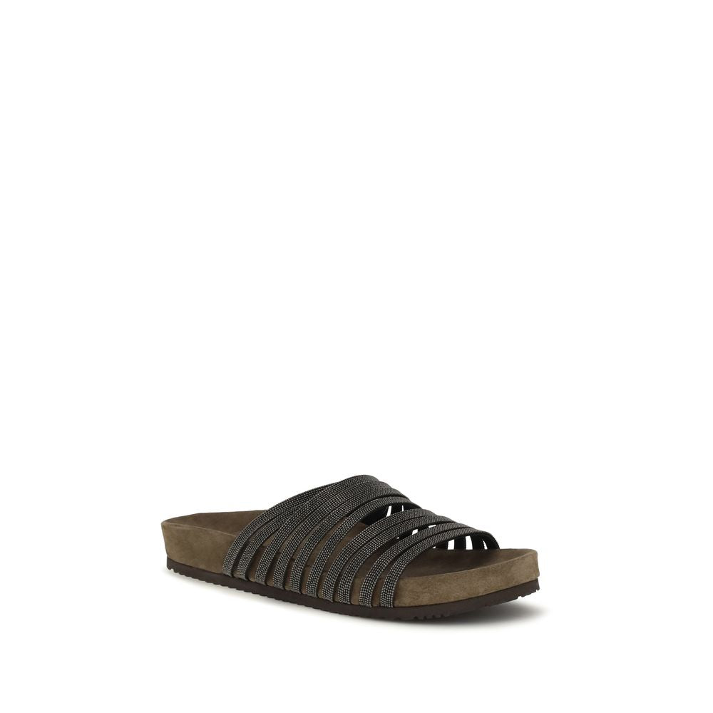 Sandales plates Brunello Cucinelli en cuir de veau noir Bos Taurus