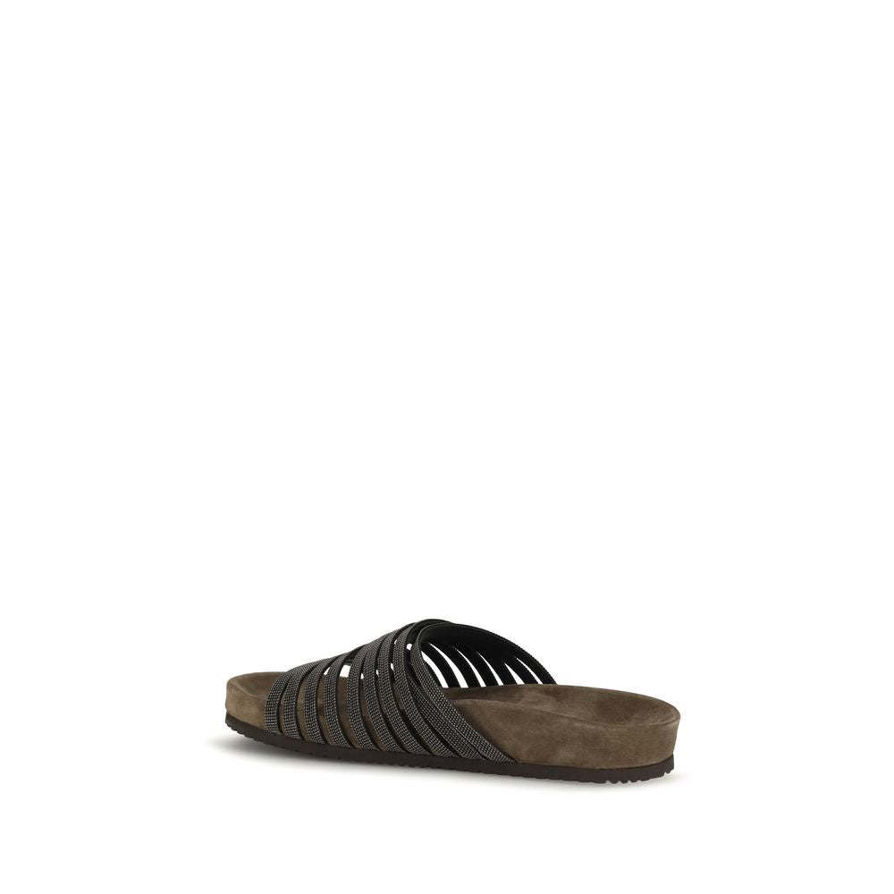 Brunello Cucinelli Flache Sandalen aus schwarzem Kalbsleder Bos Taurus