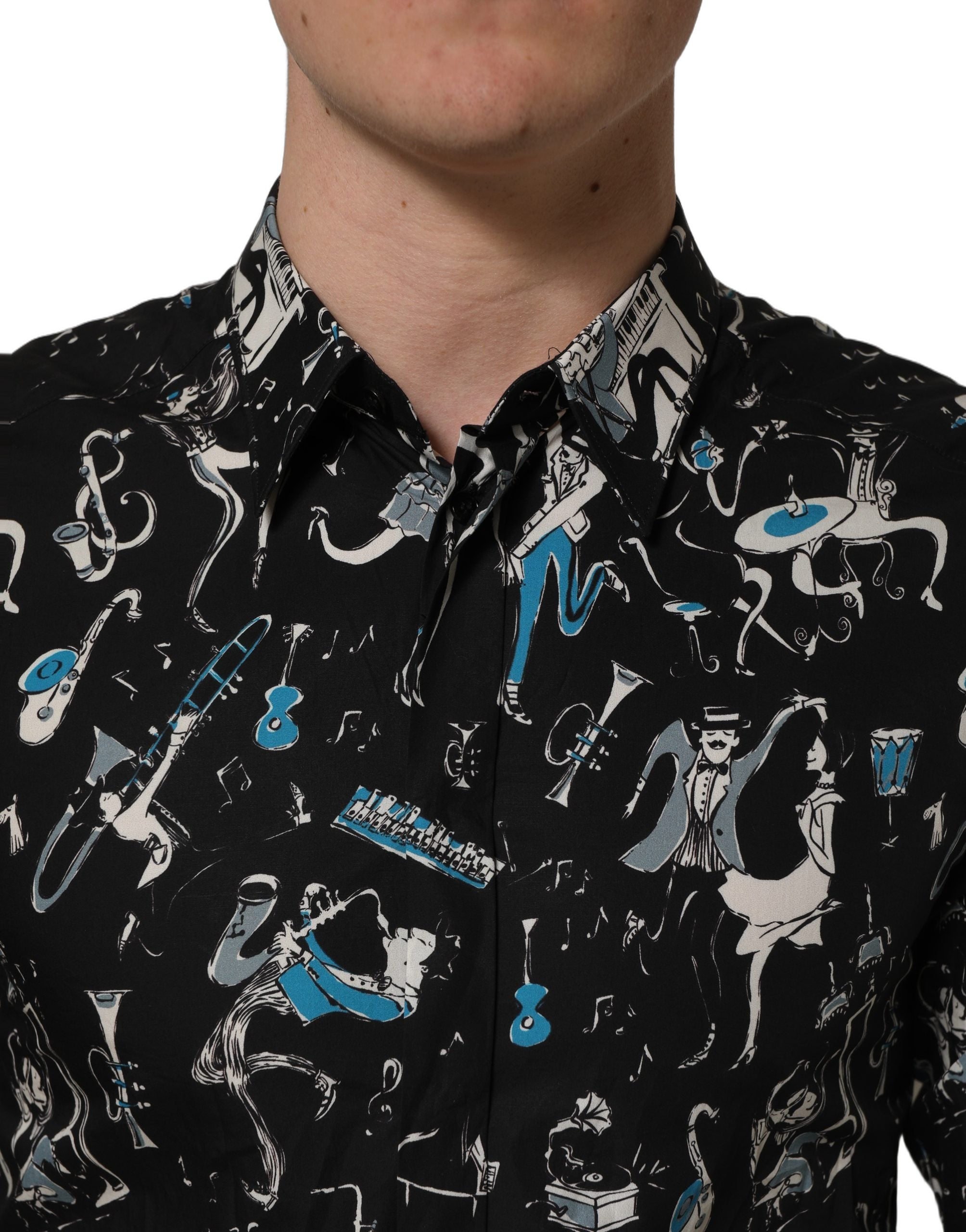 Chemise habillée Dolce & Gabbana en coton noir coupe GOLD, motif Jazz Club