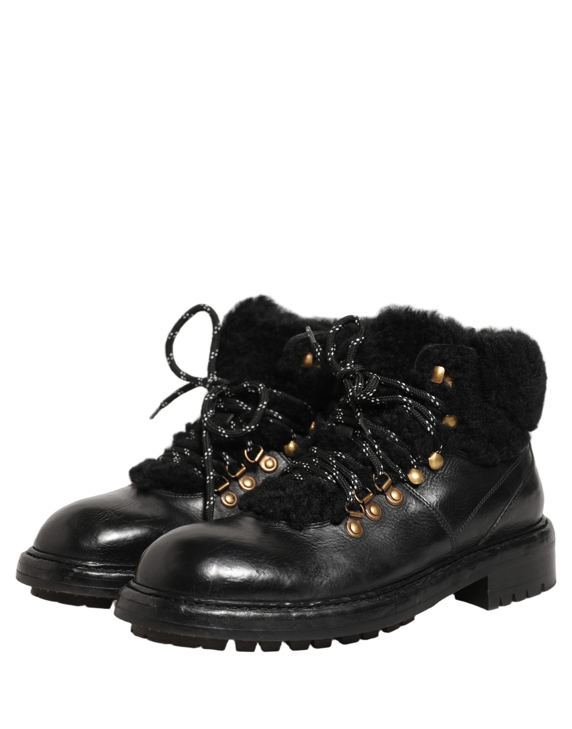 Bottes en cuir et fourrure Dolce & Gabbana noires à lacets, style trekking