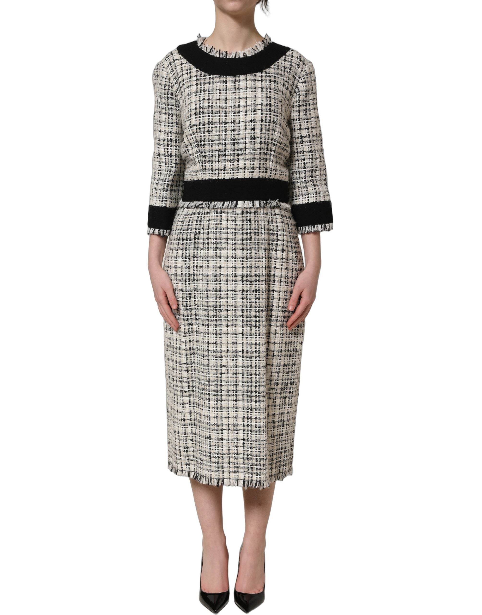 Robe mi-longue en tweed bouclé multicolore à bords effilochés Dolce & Gabbana