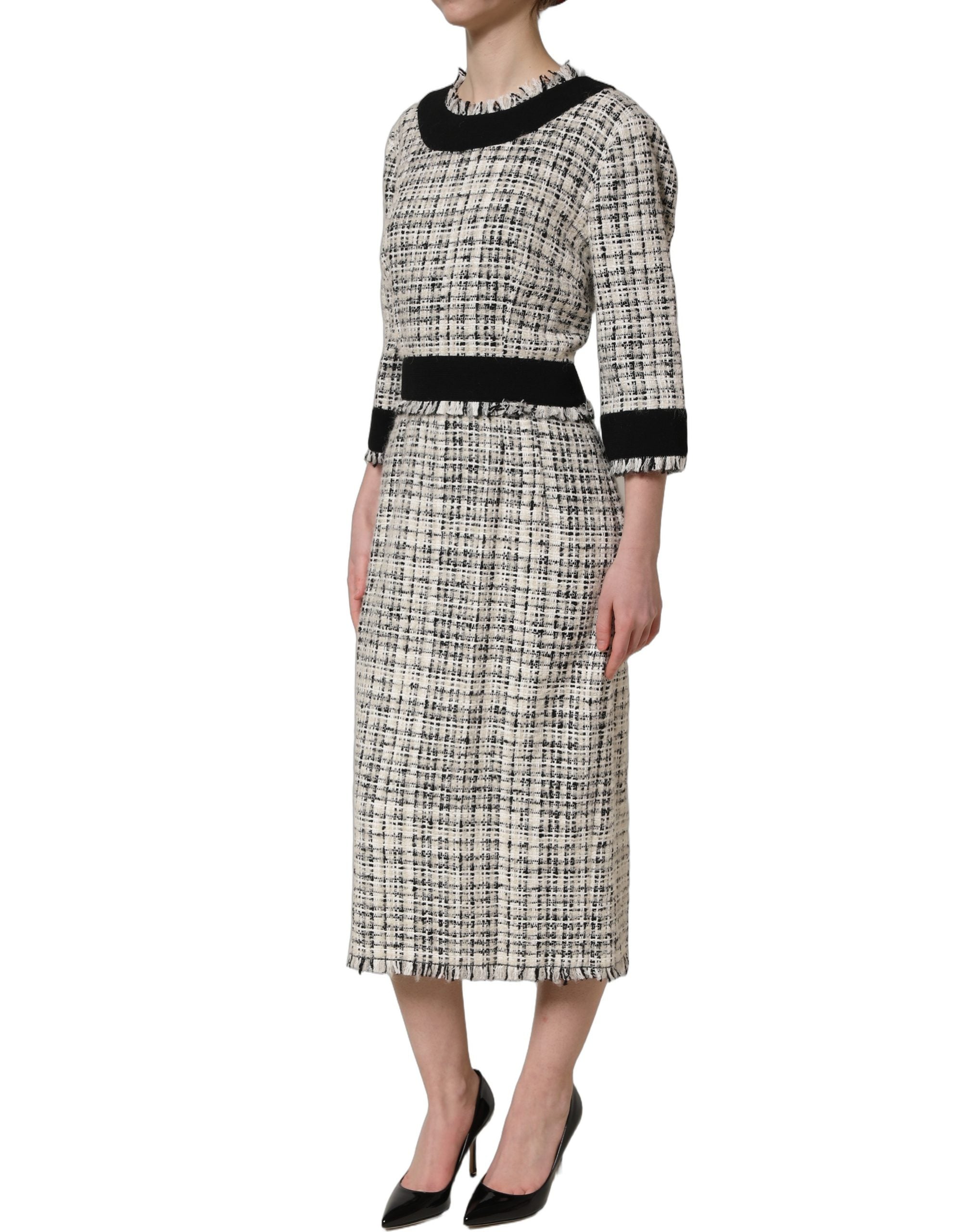 Robe mi-longue en tweed bouclé multicolore à bords effilochés Dolce & Gabbana