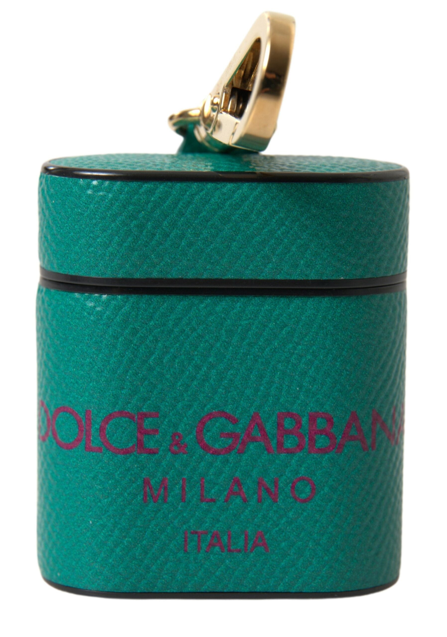 Dolce & Gabbana AirPods-Case aus grünem und maronfarbenem Kalbsleder mit Logo-Print-Riemen